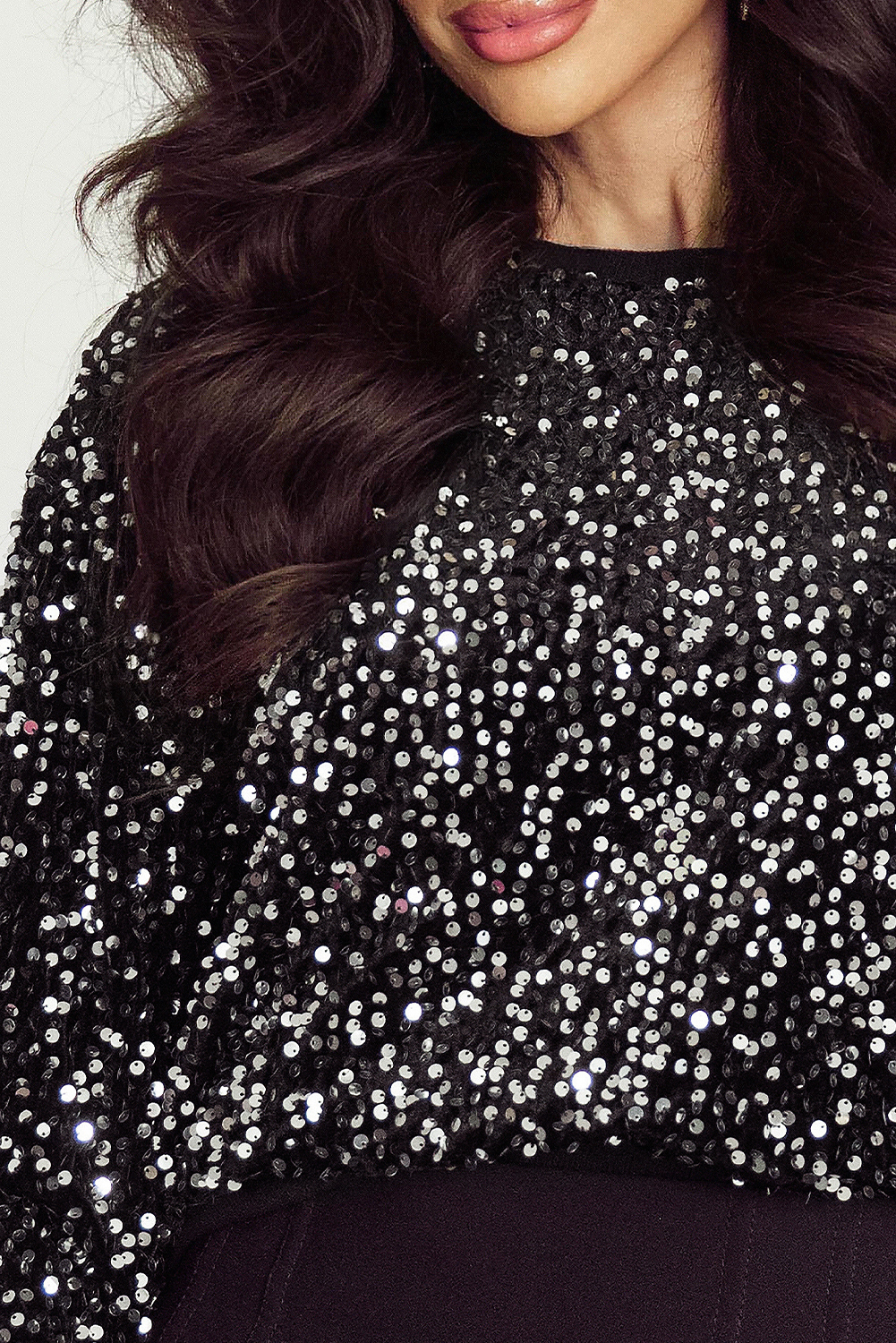 Black Sequined Long Sleeve Crew Neck Cropped Blouse - loveforevers