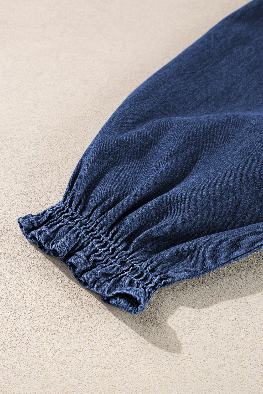 Dark Blue Smocked Ruffled Puff Sleeve V Neck Denim Blouse - loveforevers