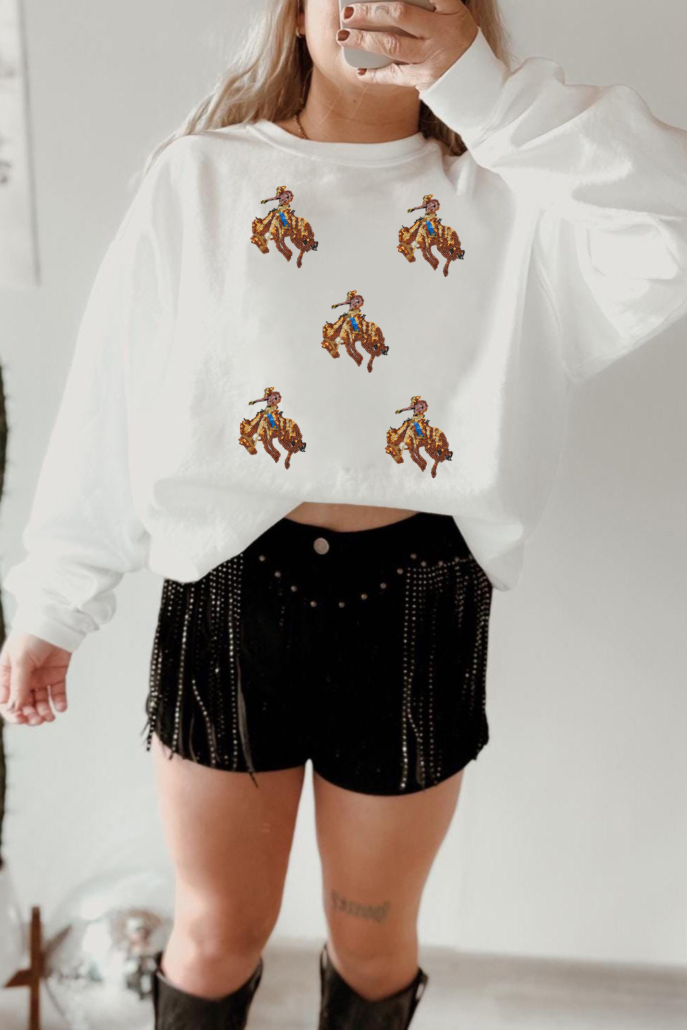 White Sequin Rodeo Patched Drop Shoulder Sweatshirt - loveforevers