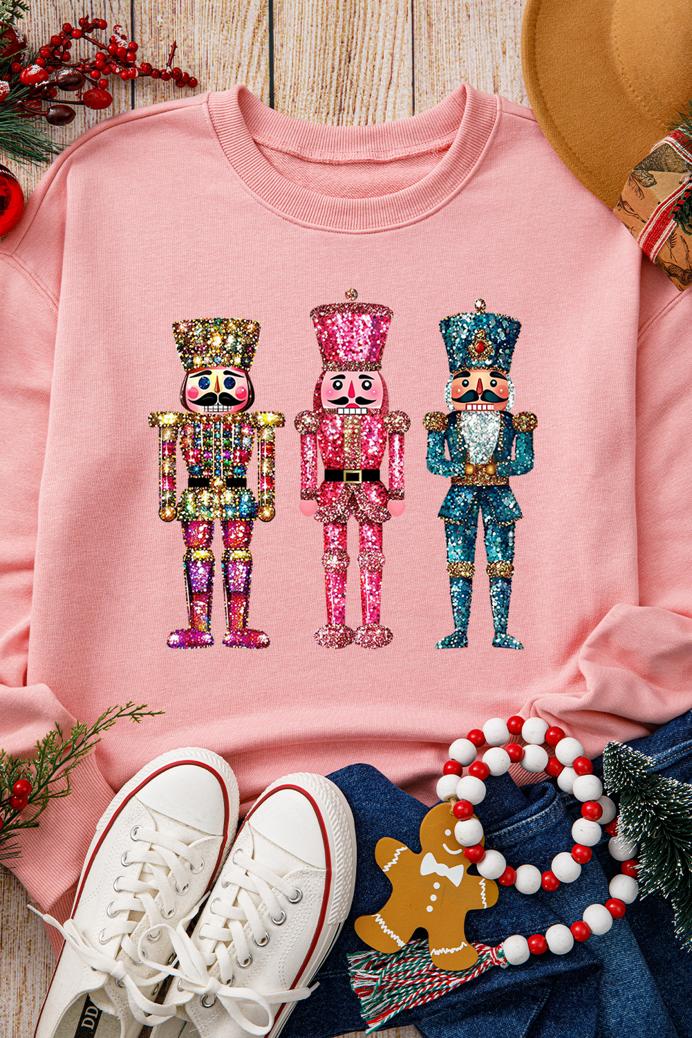 Pink Shimmer Nutcracker Graphic Christmas Pullover Sweatshirt - loveforevers