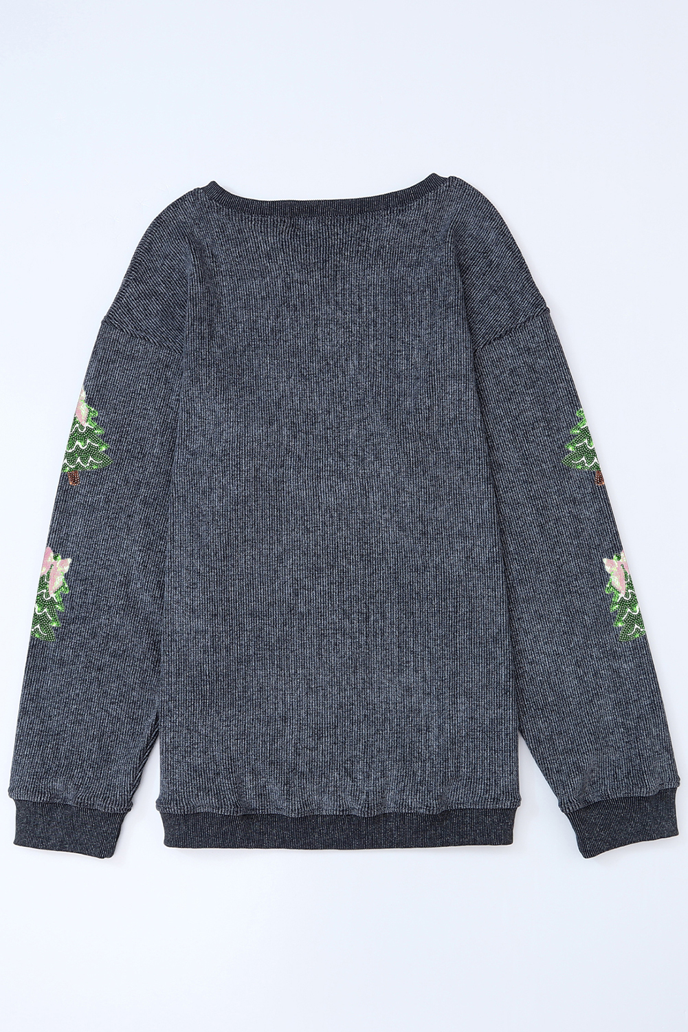 Gray Ribbed Round Neck Sequin Christmas Tree Patched Baggy Sweatshirt - loveforevers
