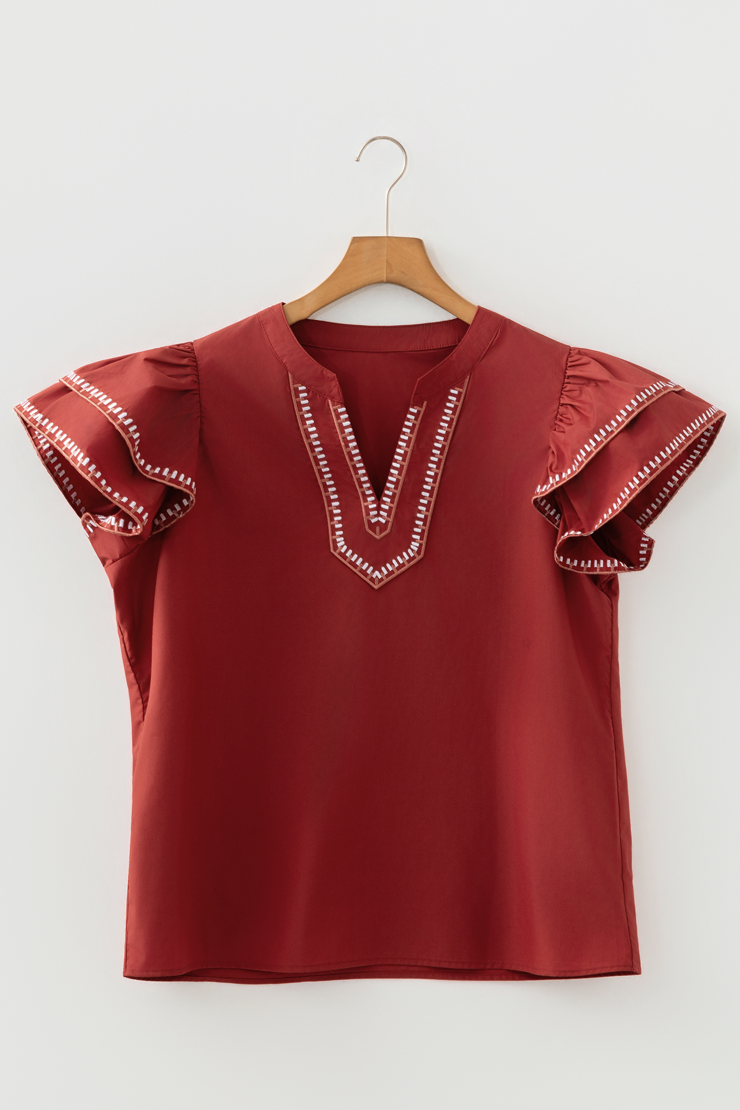 Clay Contrast Trim Flutter Sleeve V Neck Blouse - loveforevers