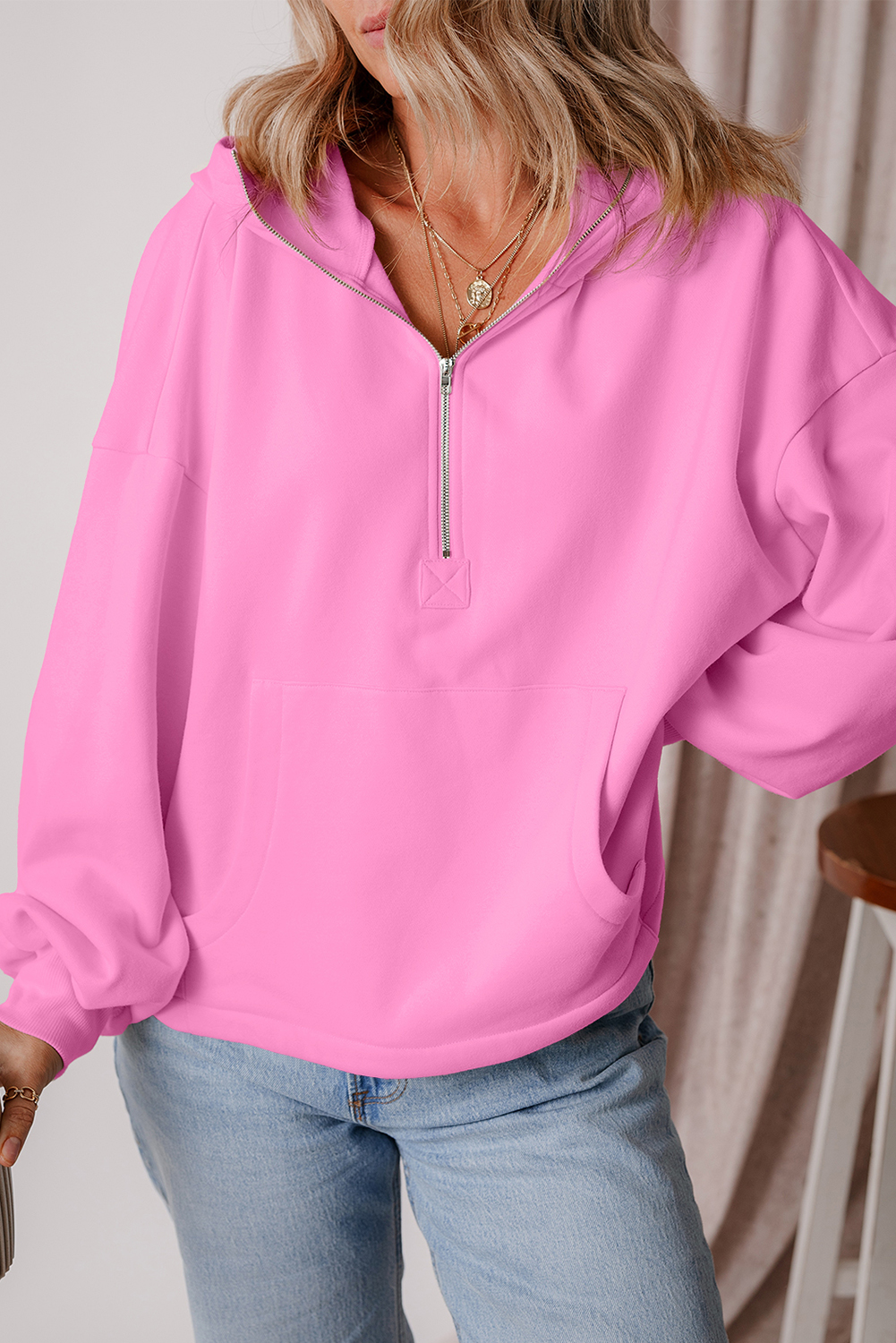 Bonbon Fleece Lined Half Zipper Kangaroo Pockets Loose Hoodie - loveforevers