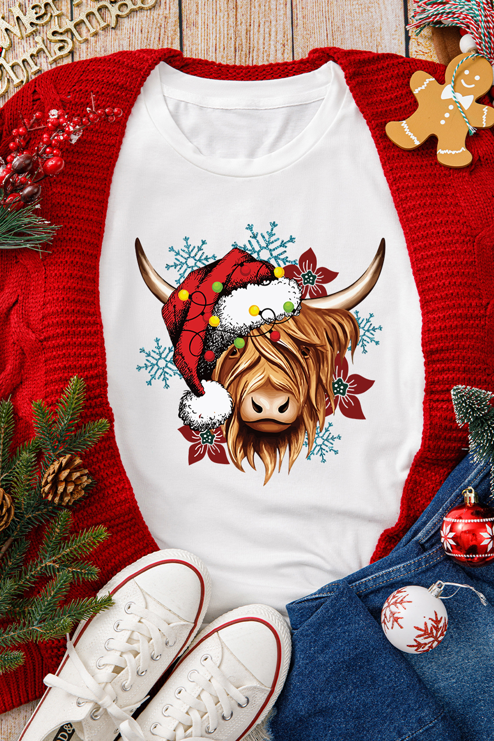 White Christmas Highland Ox Snowflake Print Womens T Shirt - loveforevers