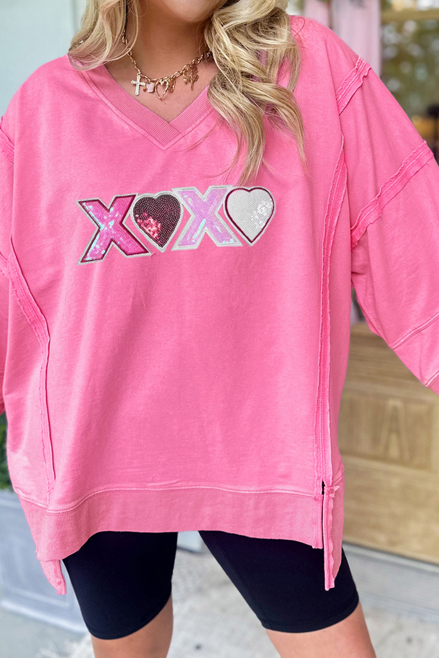 Bonbon Raw Seam Detail XOXO Sequin Patched Graphic V Neck 3/4 Sleeve Top - loveforevers
