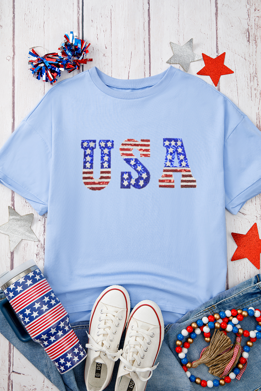 Myosotis USA Patched Drop Sleeve Crewneck T Shirt - loveforevers