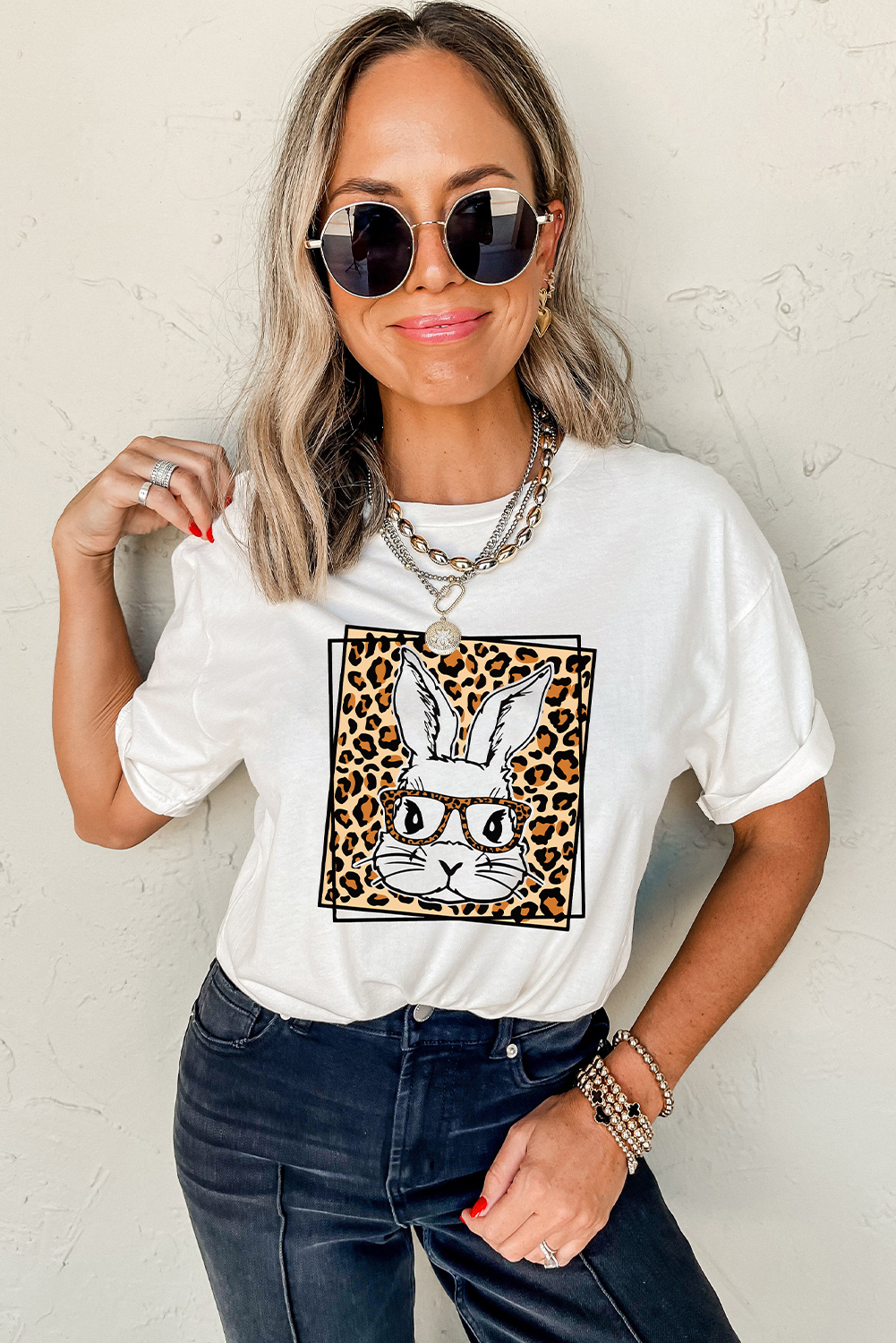 White Leopard Cute Bunny Graphic Crewneck Easter Tee - loveforevers