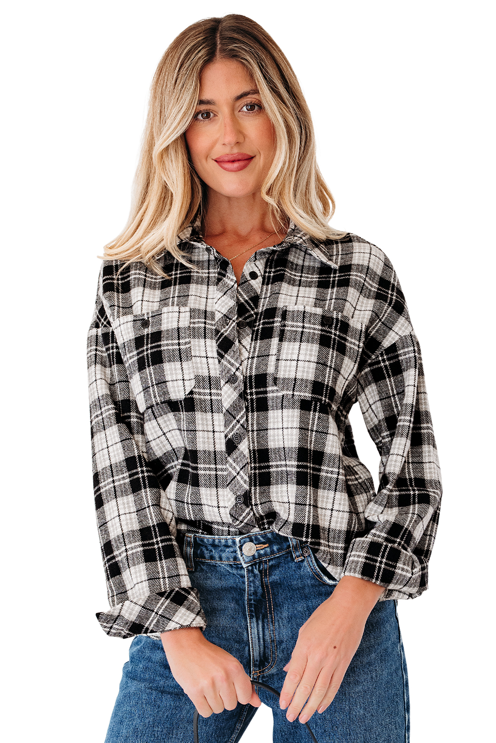 Black Plaid Print Chest Pockets Buttoned Shirt - loveforevers