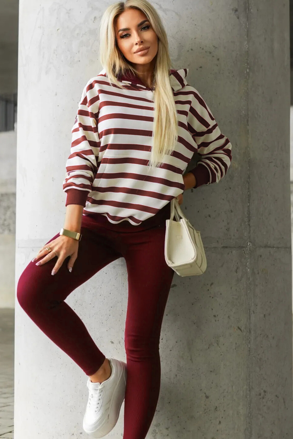 Red Stripe Pullover Hoodie Ribbed Solid Pants 2pcs Set Outfit - loveforevers