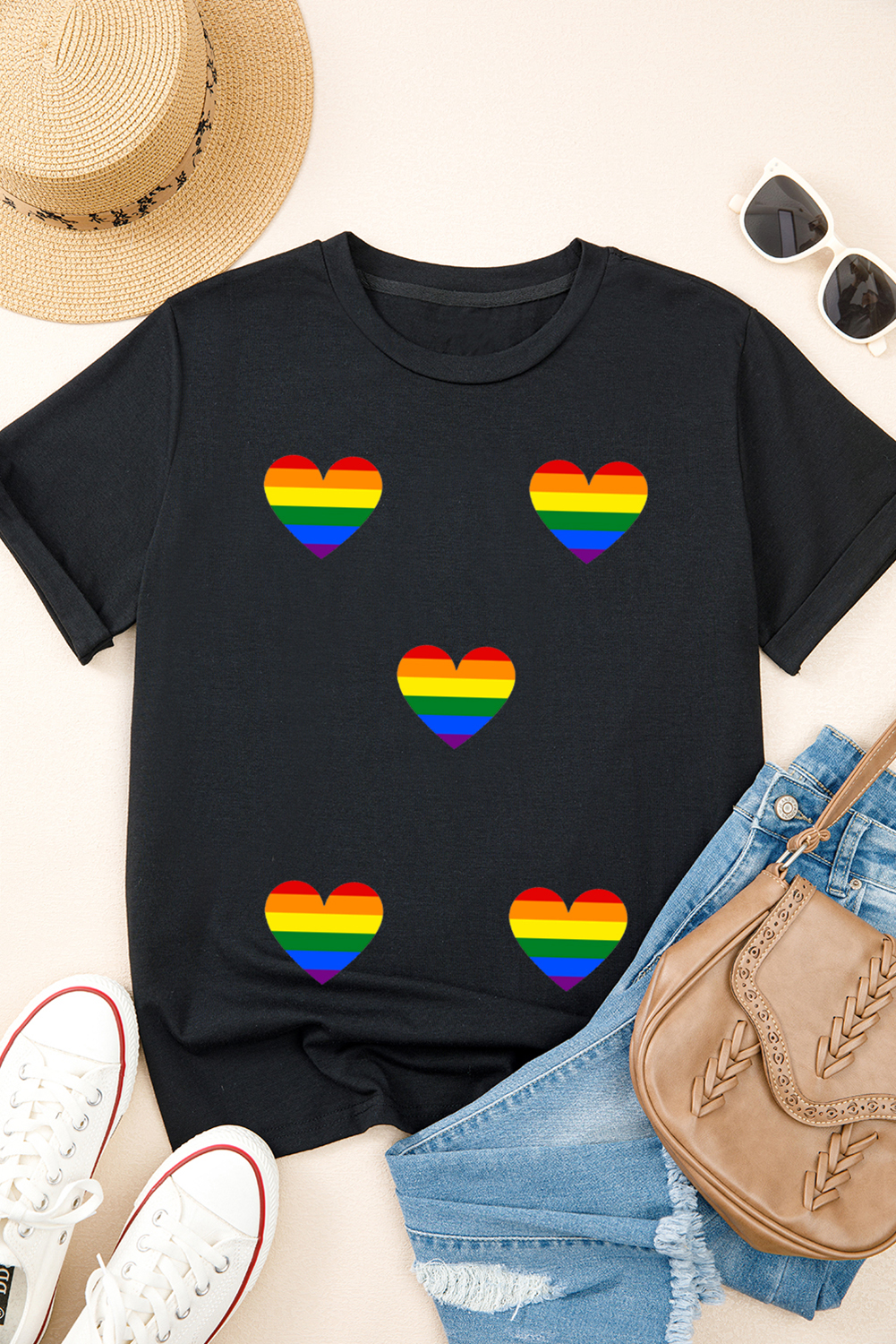 Black Heart Print Crew Neck Chic T Shirt - loveforevers