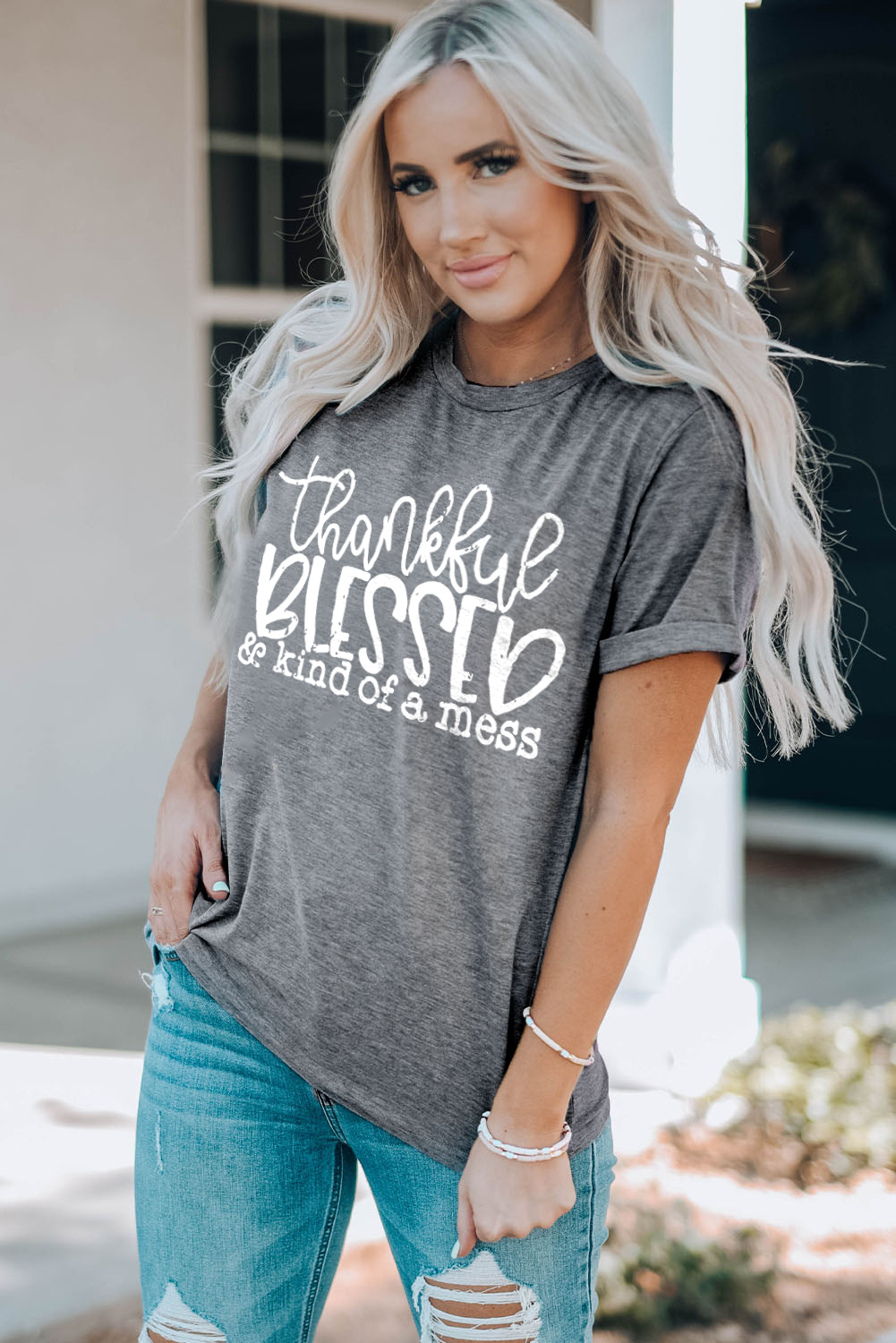 Gray Thankful Blessed & Kind of a Mess Graphic Tee - loveforevers