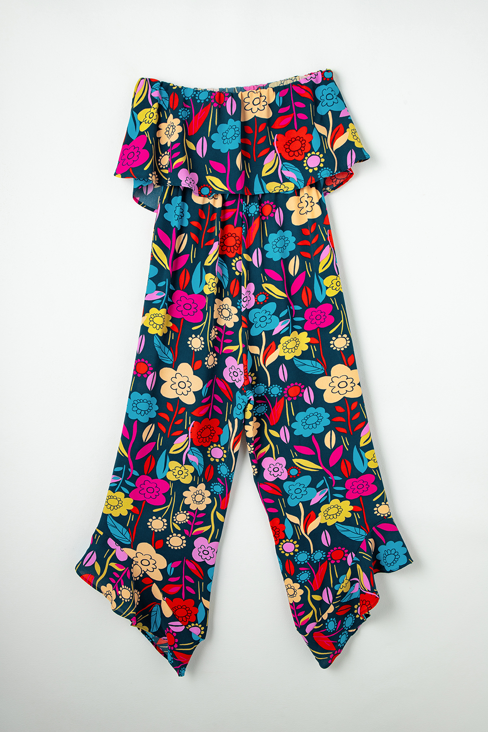 Red Mix Tropical Print Strapless Ruffled Jumpsuit - loveforevers