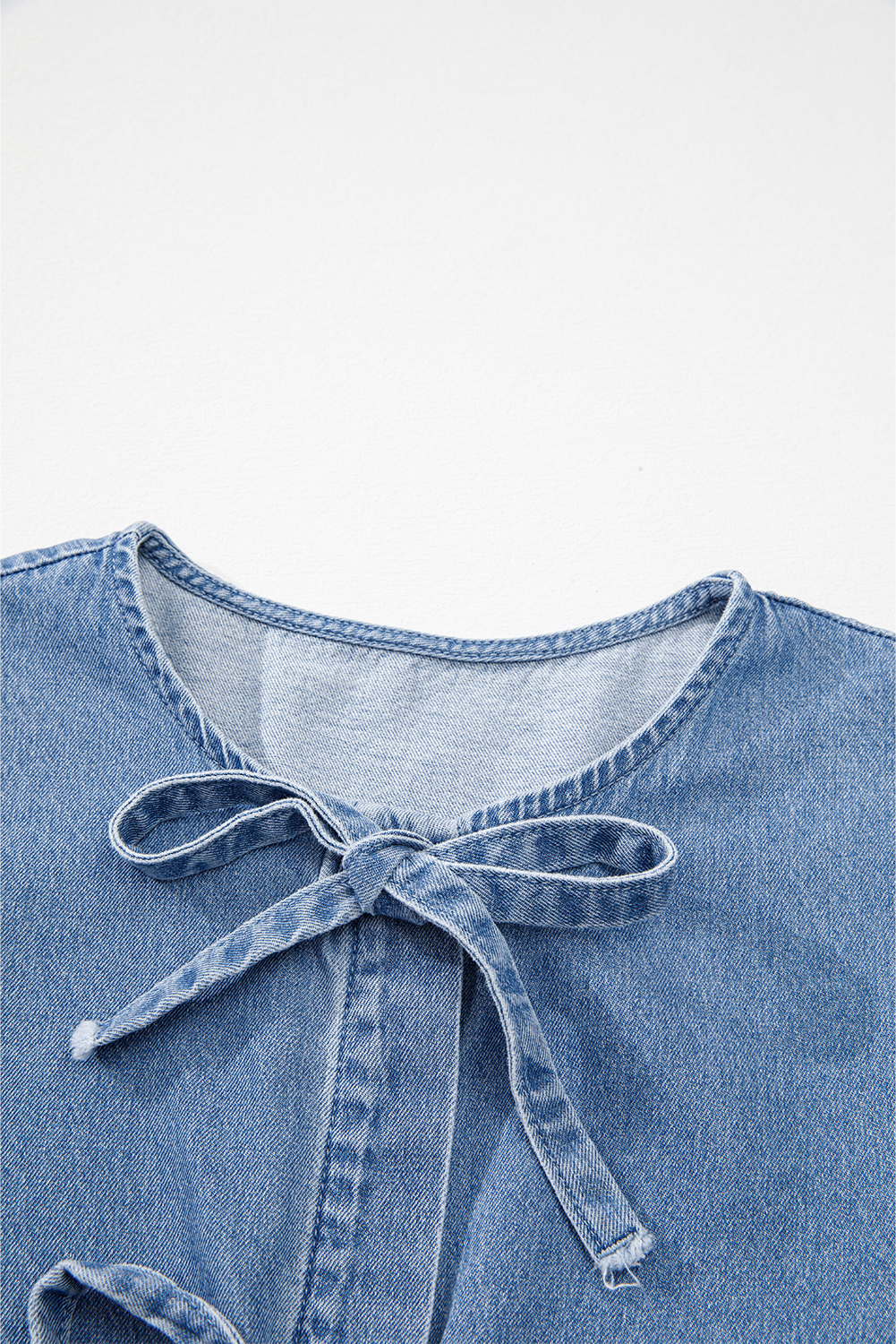 Dusk Blue Tied Front Bubble Sleeve Peplum Denim Shirt - loveforevers