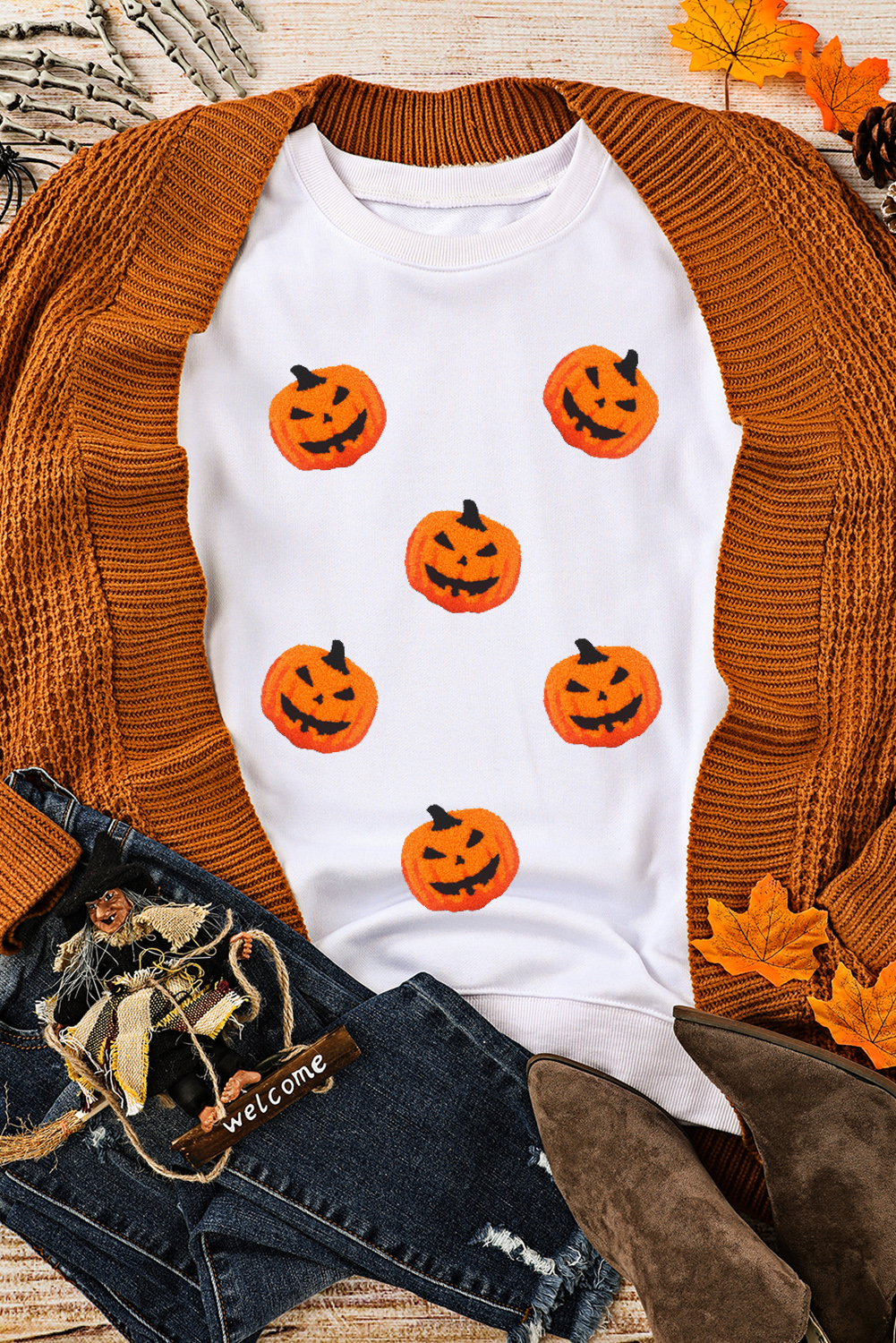 White Pumpkin Face Patched Pattern Halloween Crew Neck Sweatshirt - loveforevers