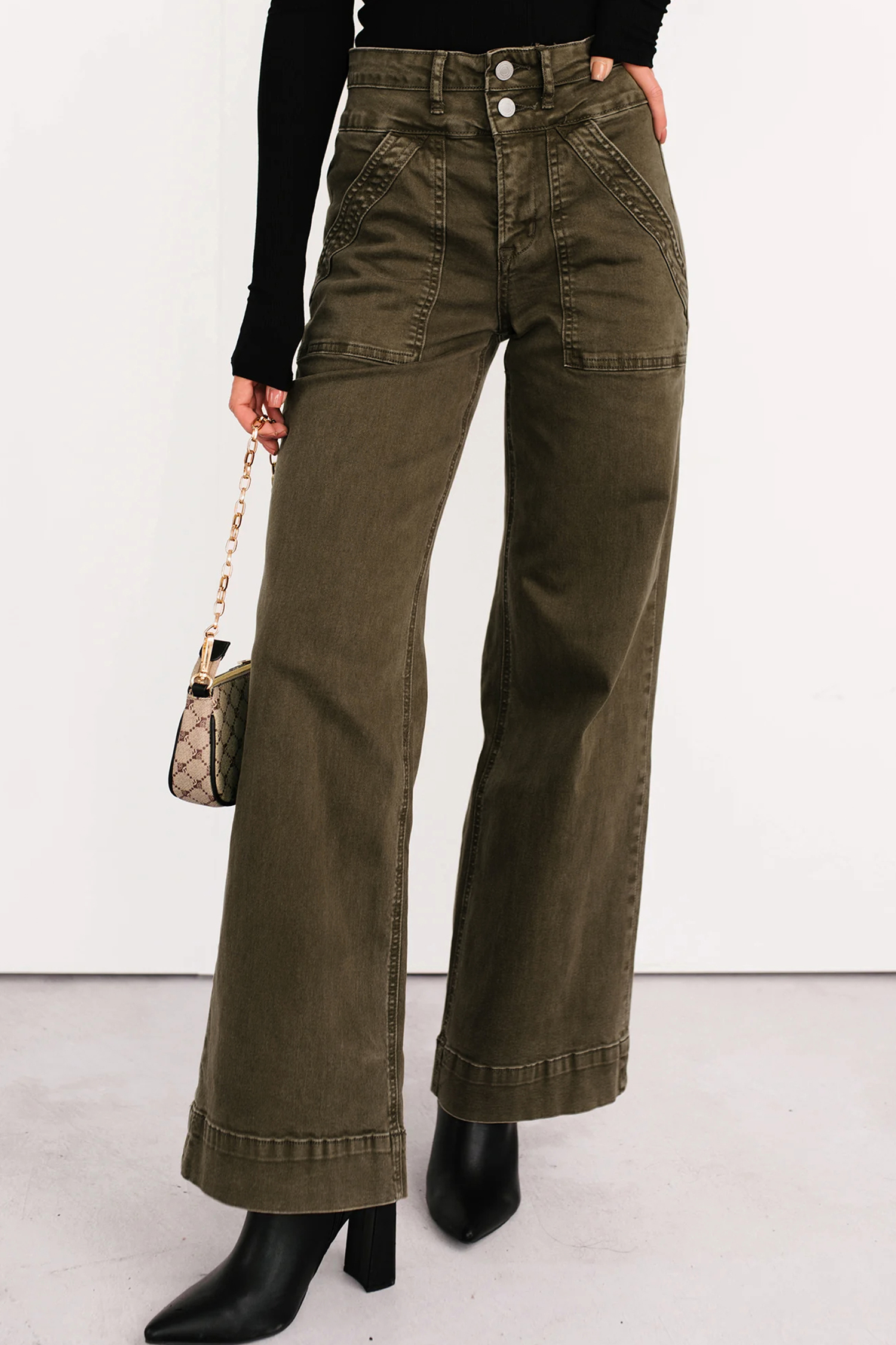 Jungle Green Double Waistband Loose Straight Jeans - loveforevers