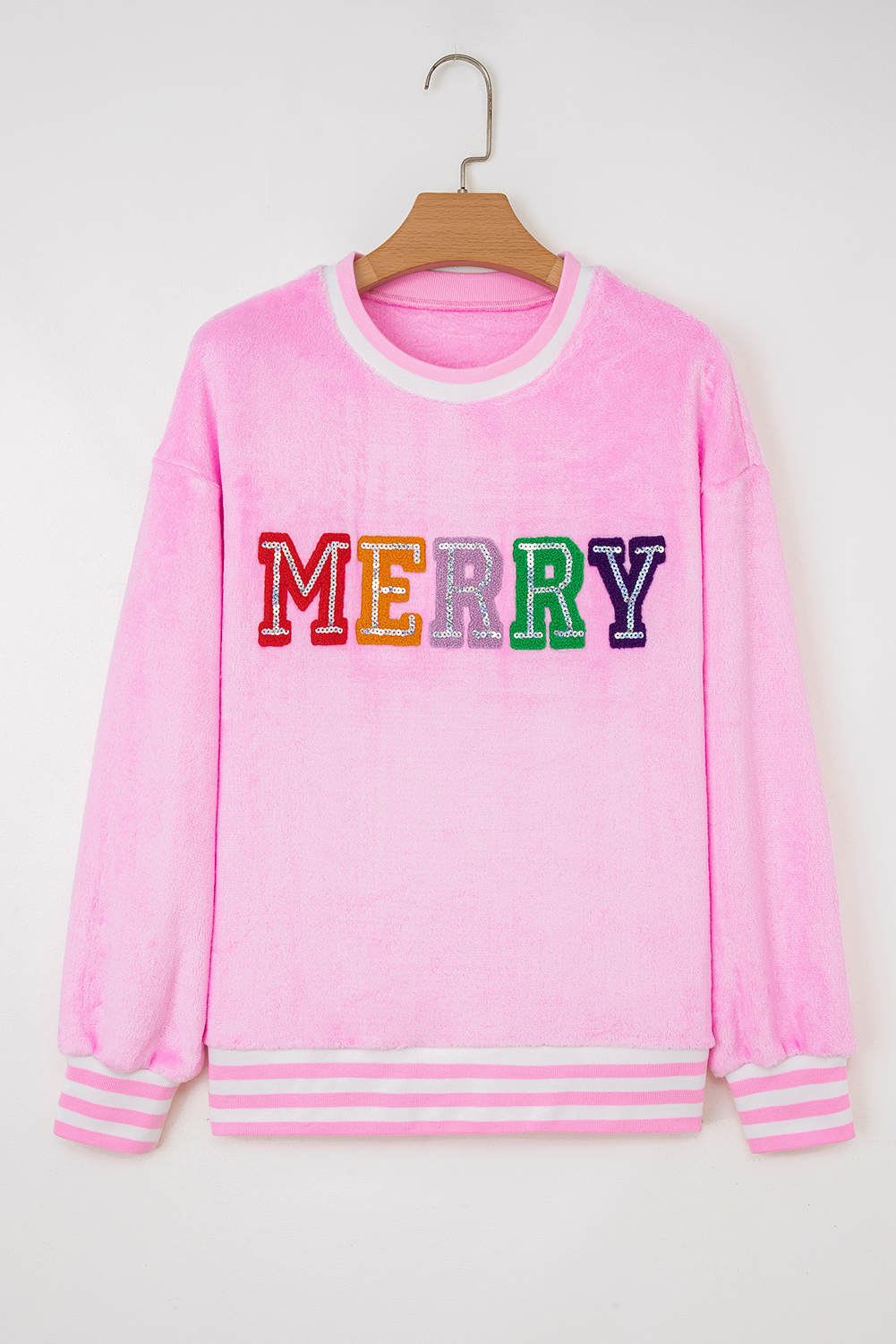 Sachet Pink Sequin Chenille MERRY Graphic Plush Pullover - loveforevers