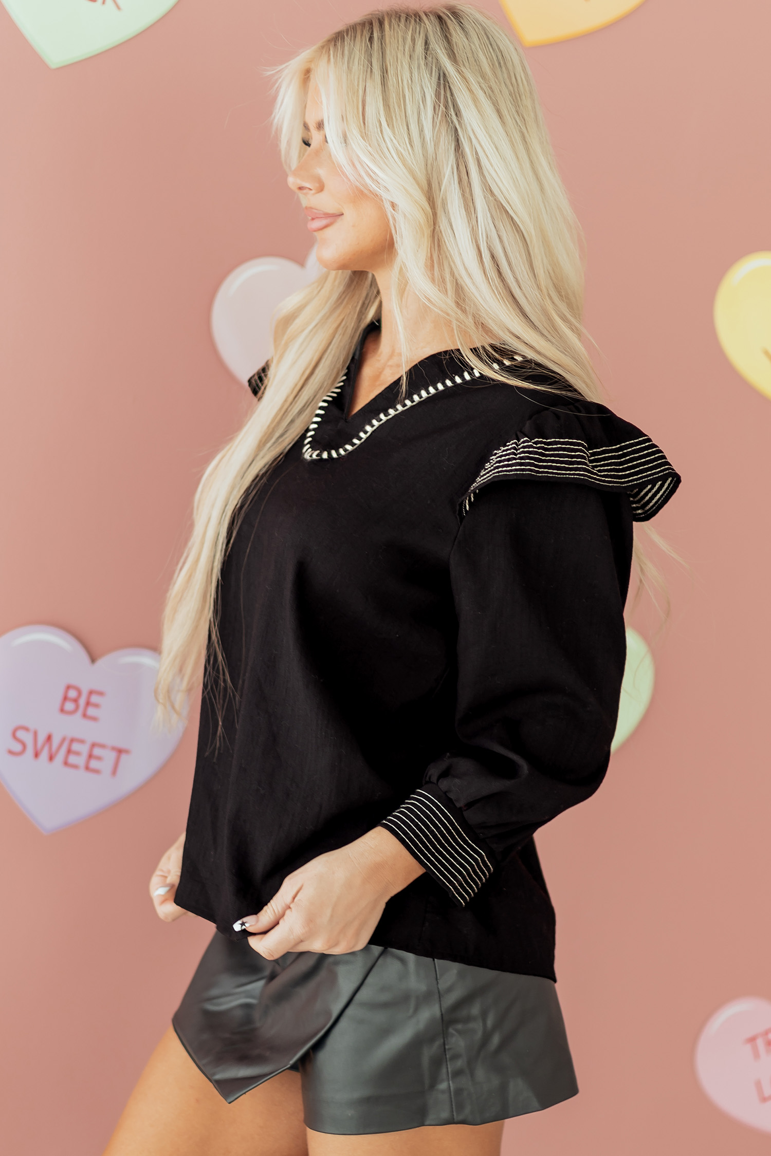 Black Contrast Stitched Detail V Neck Ruffle Long Sleeve Blouse - loveforevers