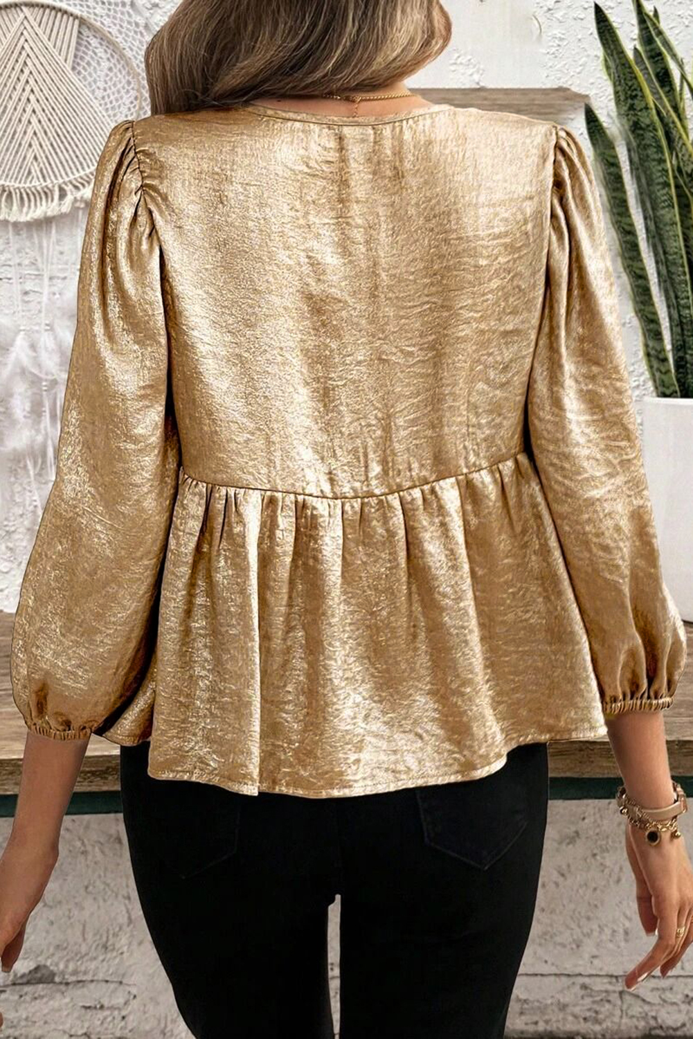 Gold Bow Tie Front Puff 3/4 Sleeve Ruffle Hem Blouse - loveforevers