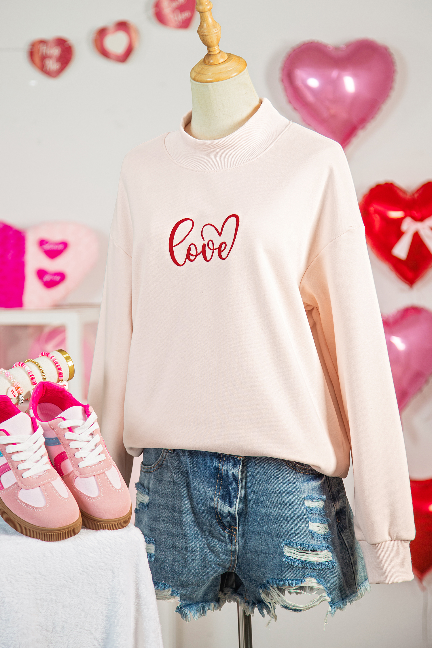 Apricot Pink Mock Neck Love Letter Embroidered Valentines Day Sweatshirt - loveforevers