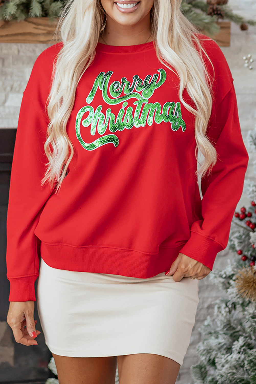 Red Merry Christmas Crewneck Drop Shoulder Loose Sweatshirt - loveforevers