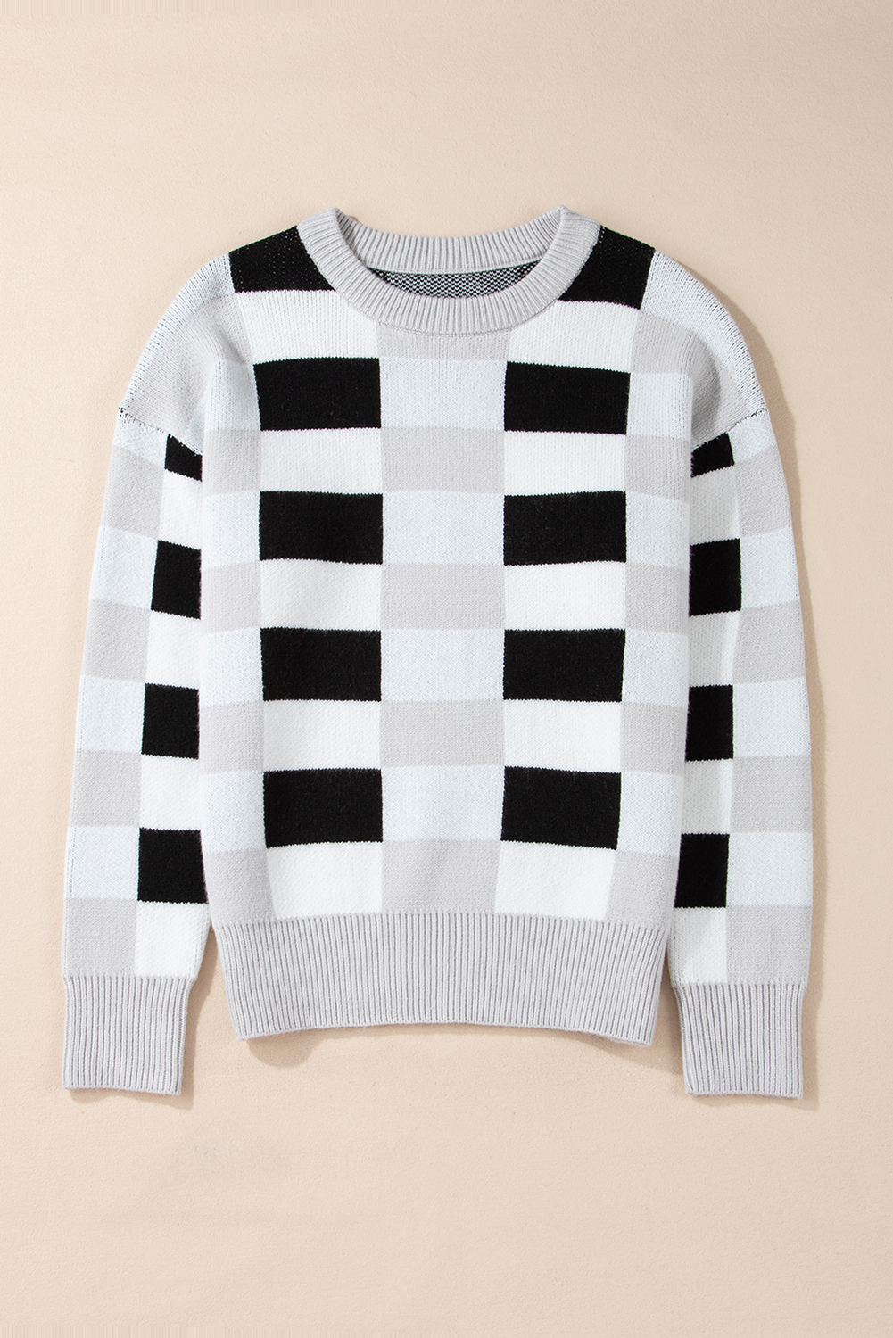 Khaki Checkered Ribbed Edge O Neck Drop Shoulder Sweater - loveforevers