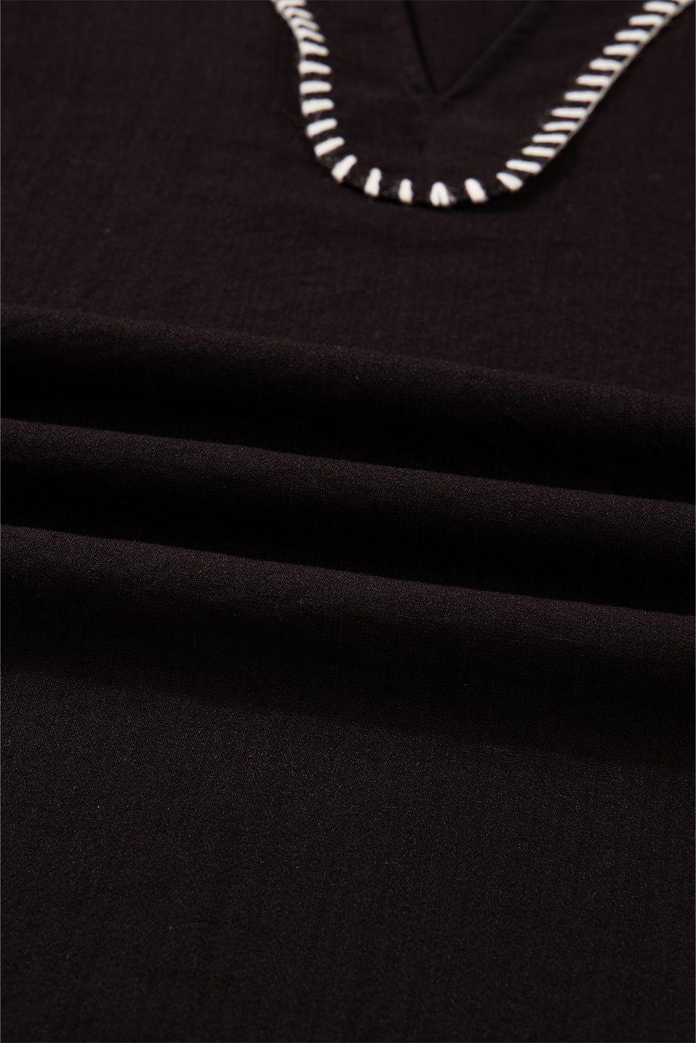 Black Contrast Stitched Detail V Neck Ruffle Long Sleeve Blouse - loveforevers