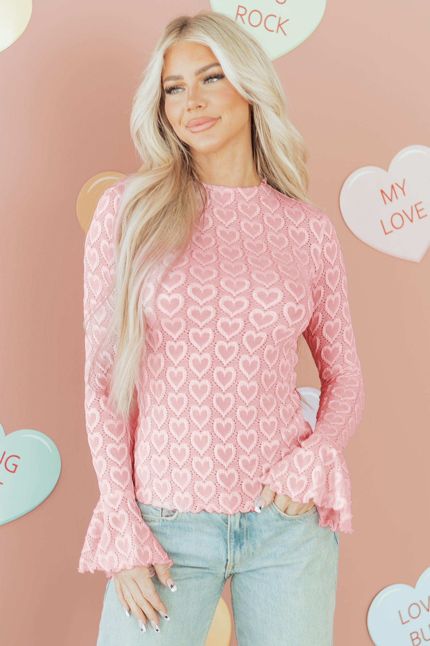 Gossamer Pink Heart Jacquard Flare Sleeve Mock Neck Fitted Top - loveforevers