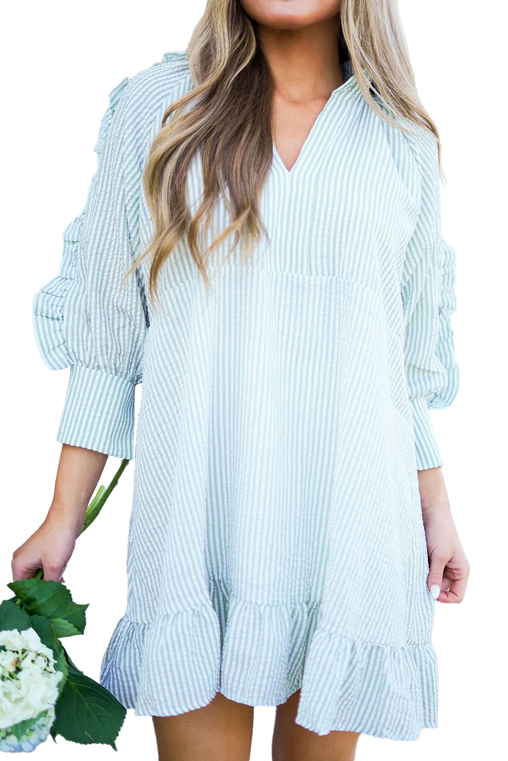 Myosotis Seersucker Ruffled Puff Sleeve Stand Neck Mini Dress - loveforevers