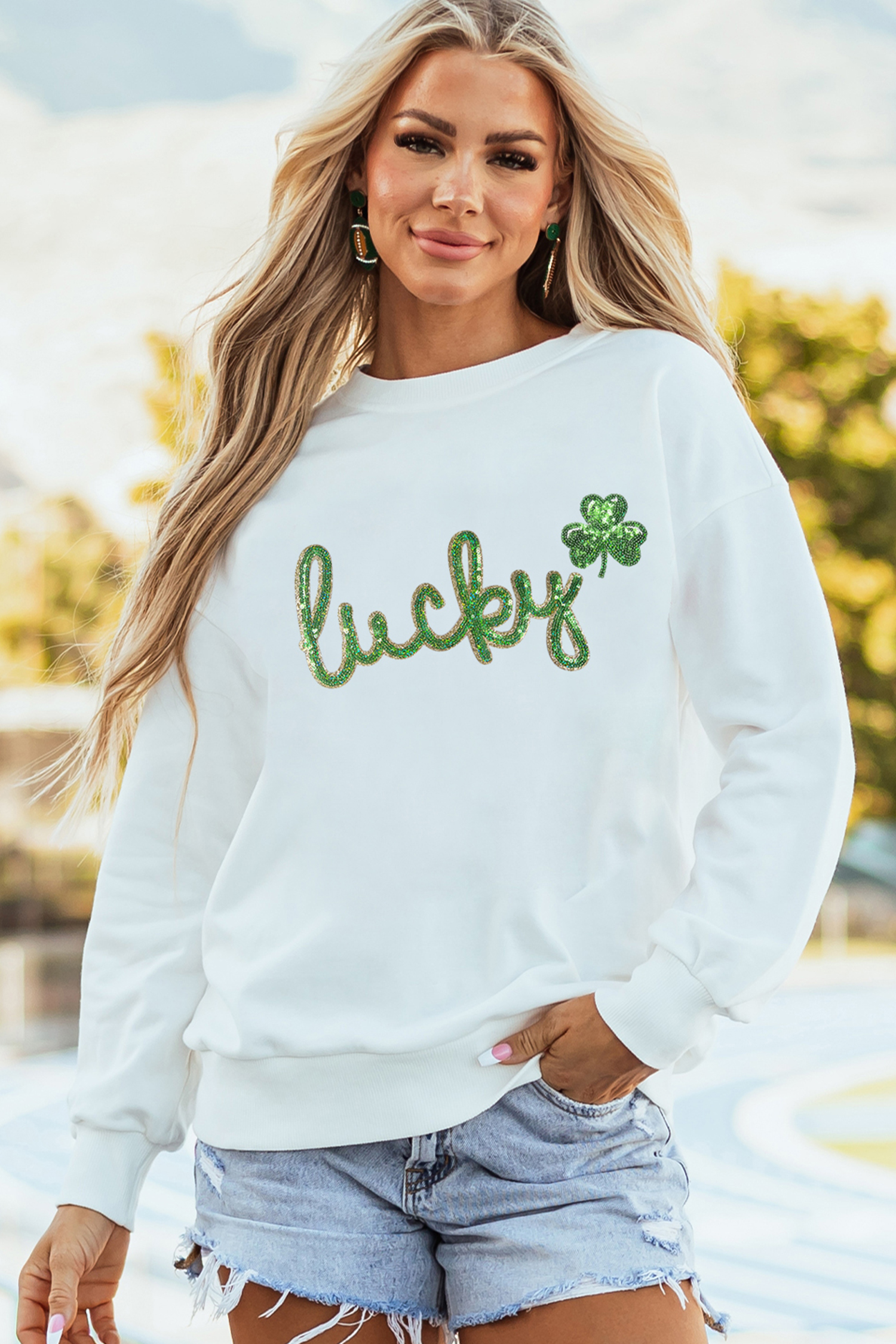 White Irish Festive Sequin lucky Clover Graphic Sweatshirt - loveforevers