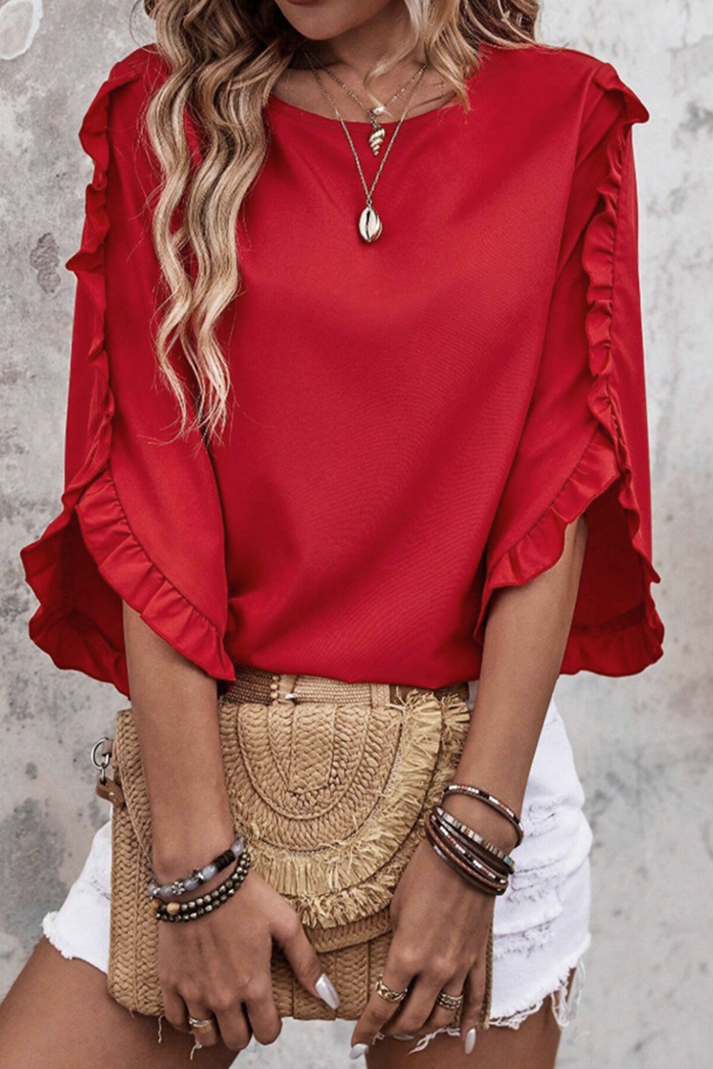Black Ruffle Trimmed 3/4 Sleeve Round Neck Blouse - loveforevers