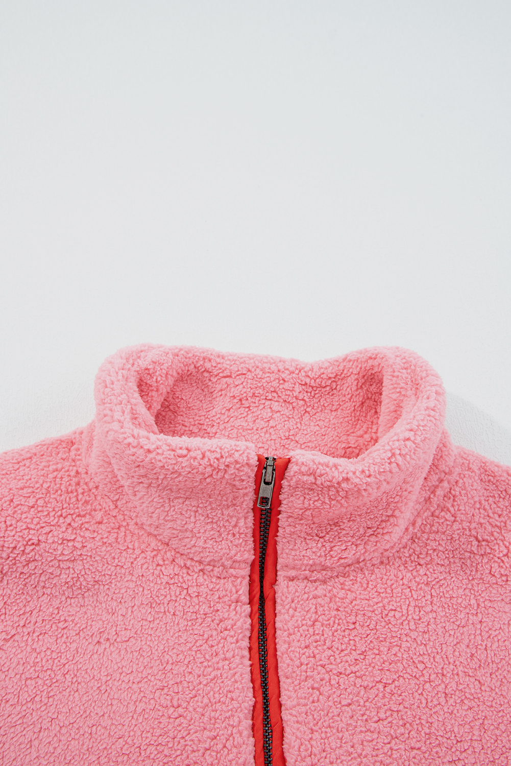 Strawberry Pink Sherpa Contrast Faux Leather Trim Half Zip Pocketed Pullover Sweatshirt - loveforevers