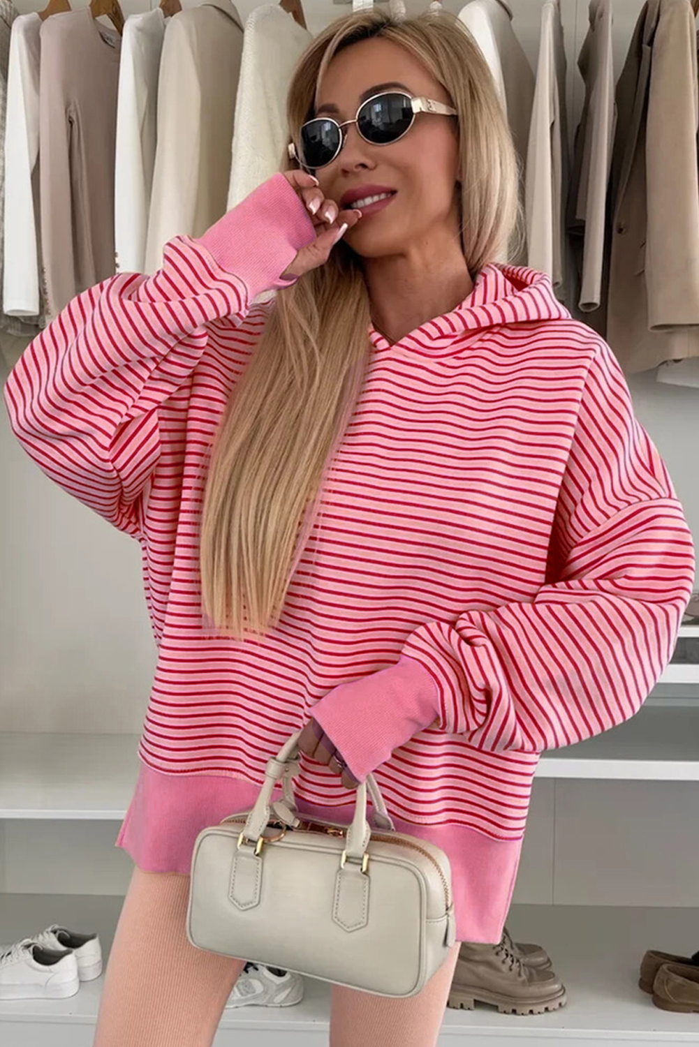 Purple Stripe Thumbhole Side Slits Drop Shoulder Loose Fit Hoodie - loveforevers