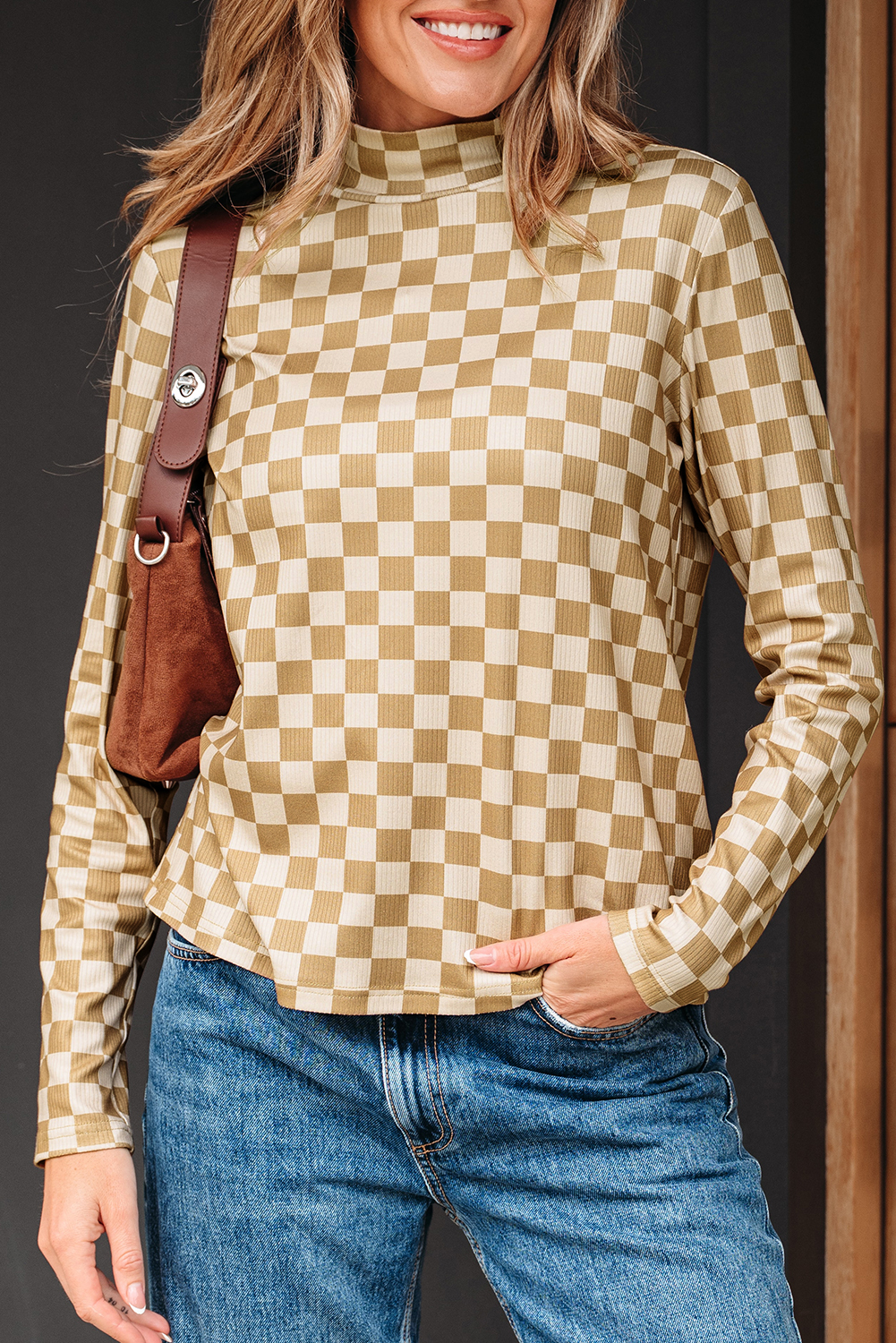 Khaki Check Pattern Turtleneck Ribbed Slim Long Sleeve Tee - loveforevers