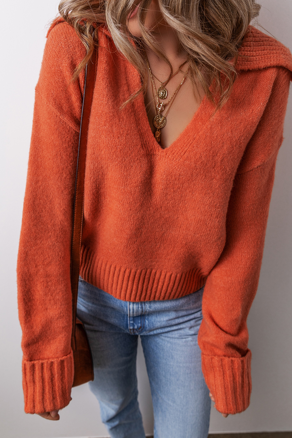 Racing Red Collared V Neck Ribbed Edge Sexy Elegant Sweater - loveforevers
