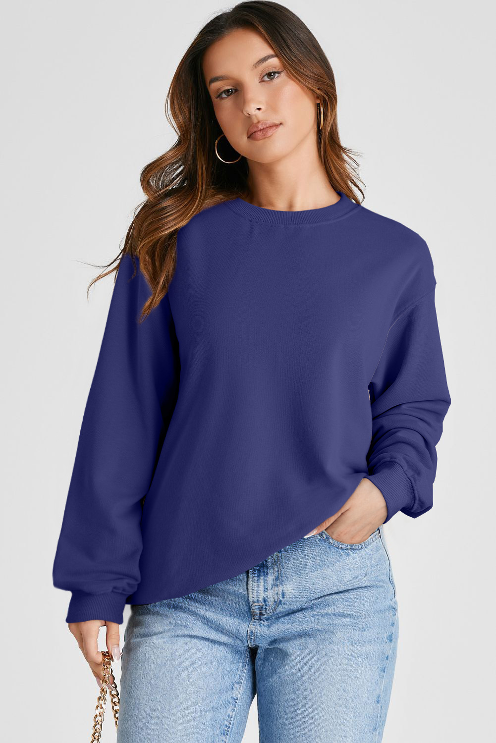 Navy Blue Plain Drop Shoulder Crewneck Pullover Sweatshirt - loveforevers