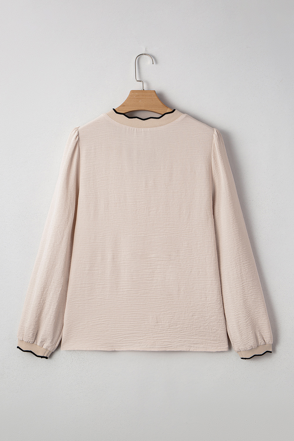 Jet Stream Contrast Scallop Trim V Neck Long Sleeve Blouse - loveforevers