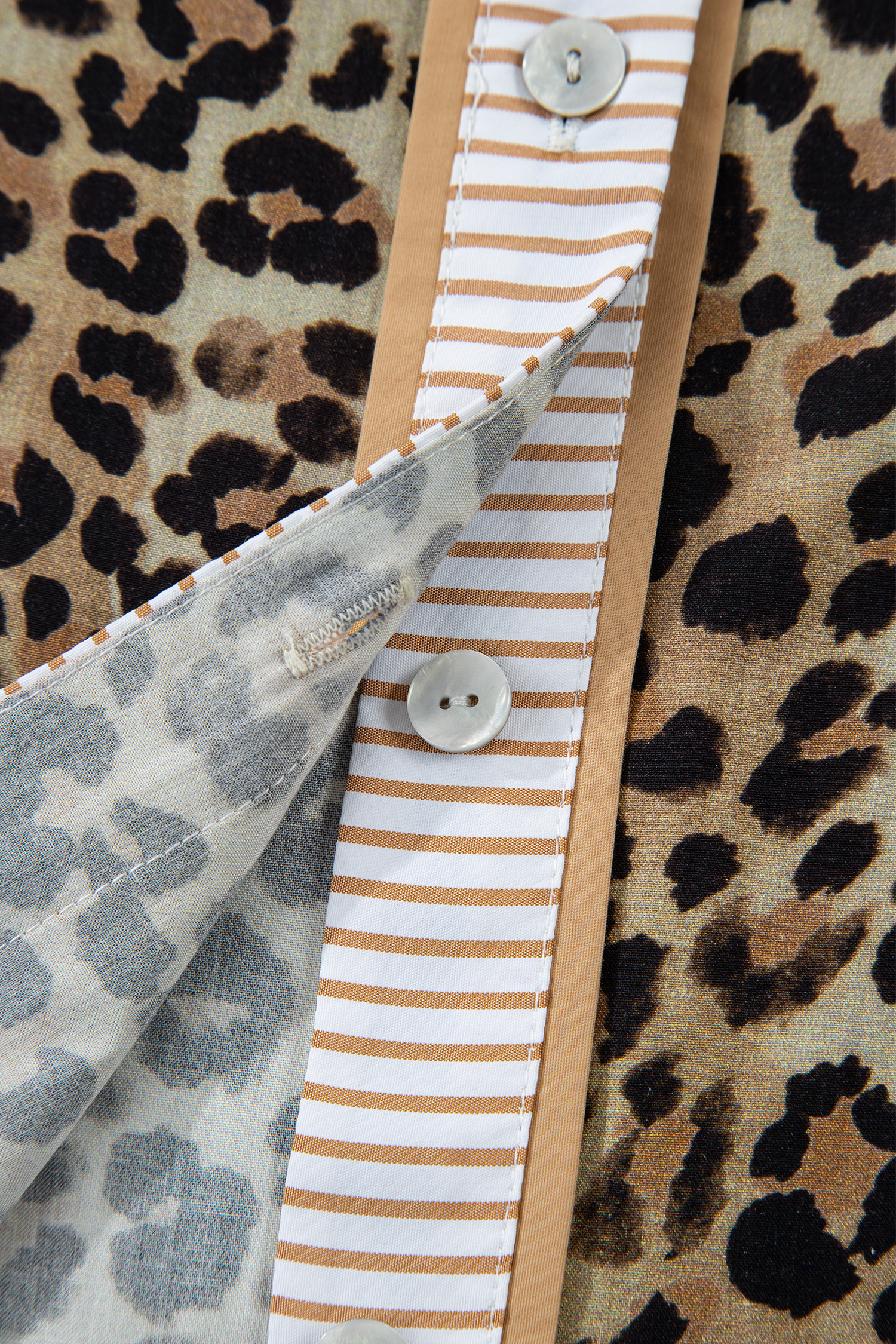 Khaki Contrast Striped Trim V Neck Leopard Shirt - loveforevers