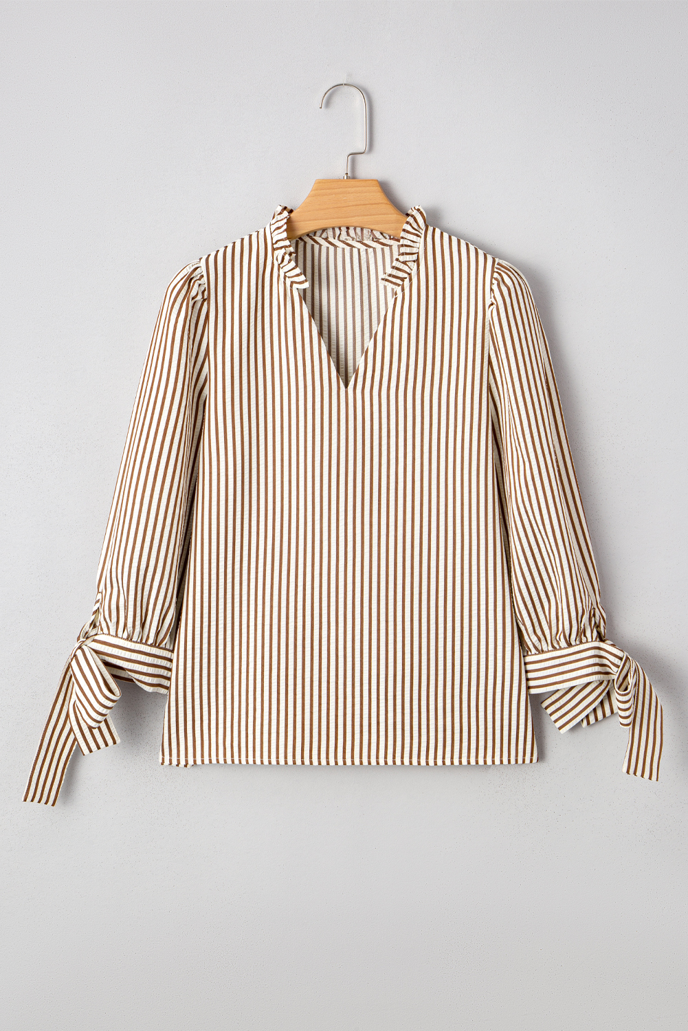 Straw Yellow Striped Print Tied Cuffs Split Neck Seersucker Blouse - loveforevers