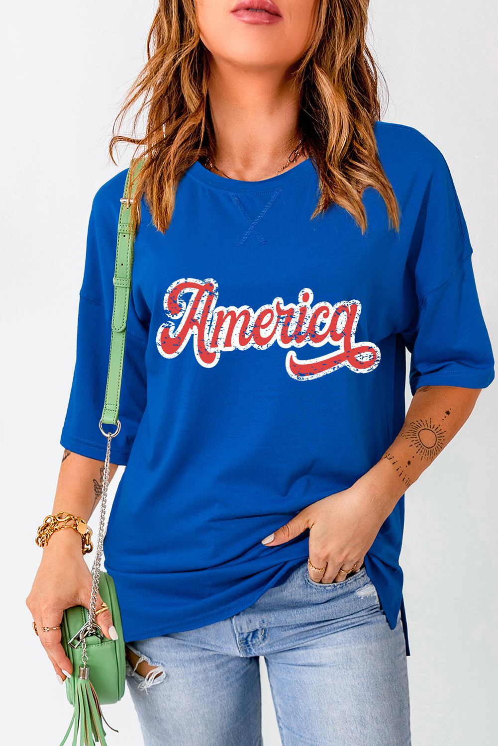 Dark Blue Contrast America Graphic Drop Shoulder Tee - loveforevers