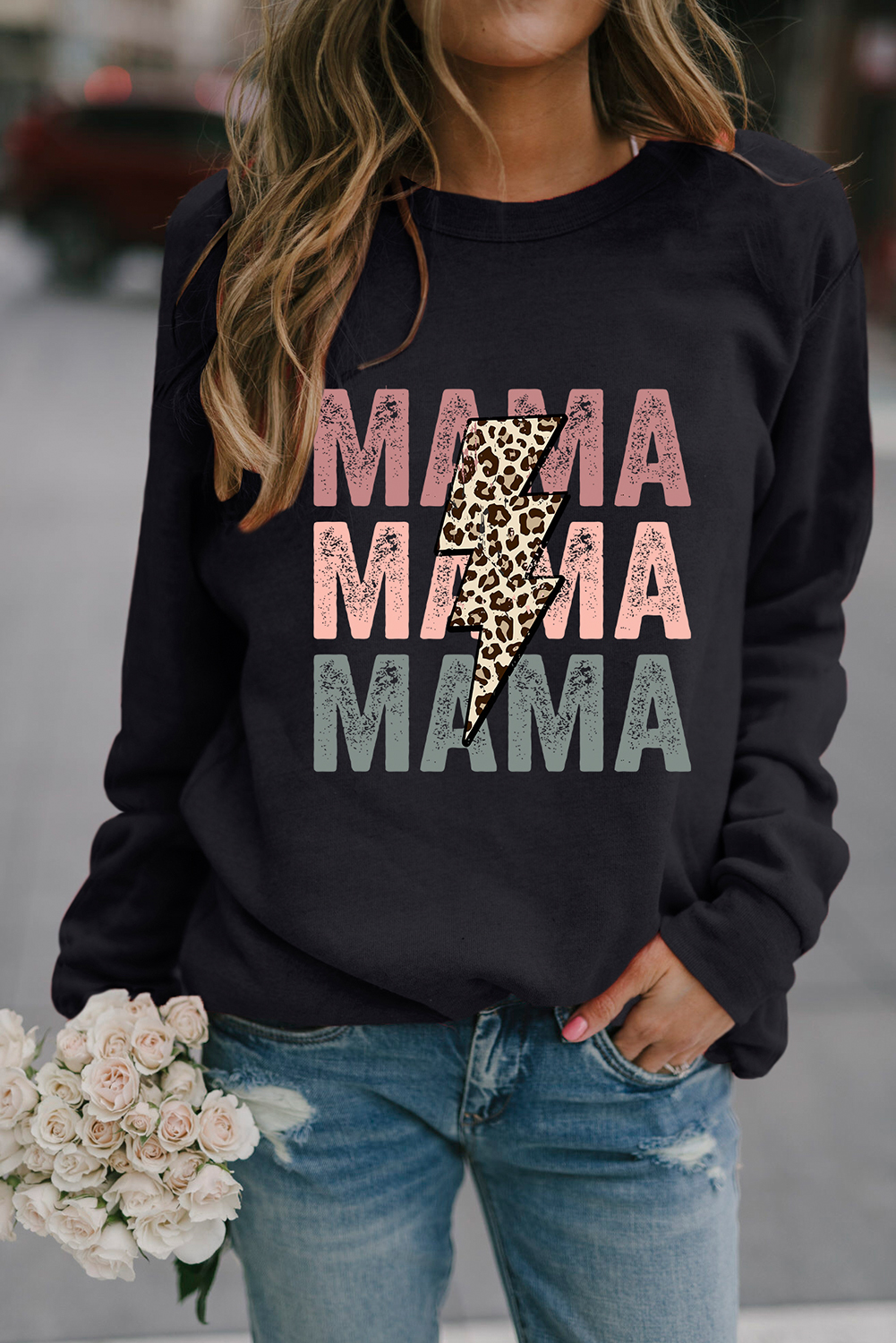 Black Leopard Lightning MAMA Graphic Pullover Sweatshirt - loveforevers
