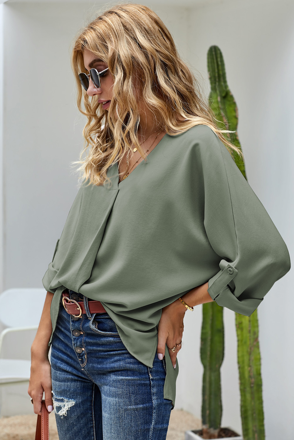 Green V Neck 3/4 Sleeve High Low Hem Shirt - loveforevers