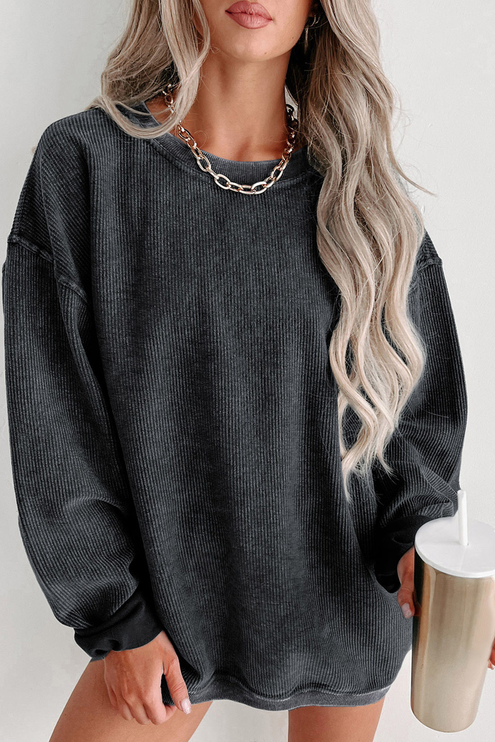 Pink Solid Ribbed Knit Round Neck Pullover Sweatshirt - loveforevers