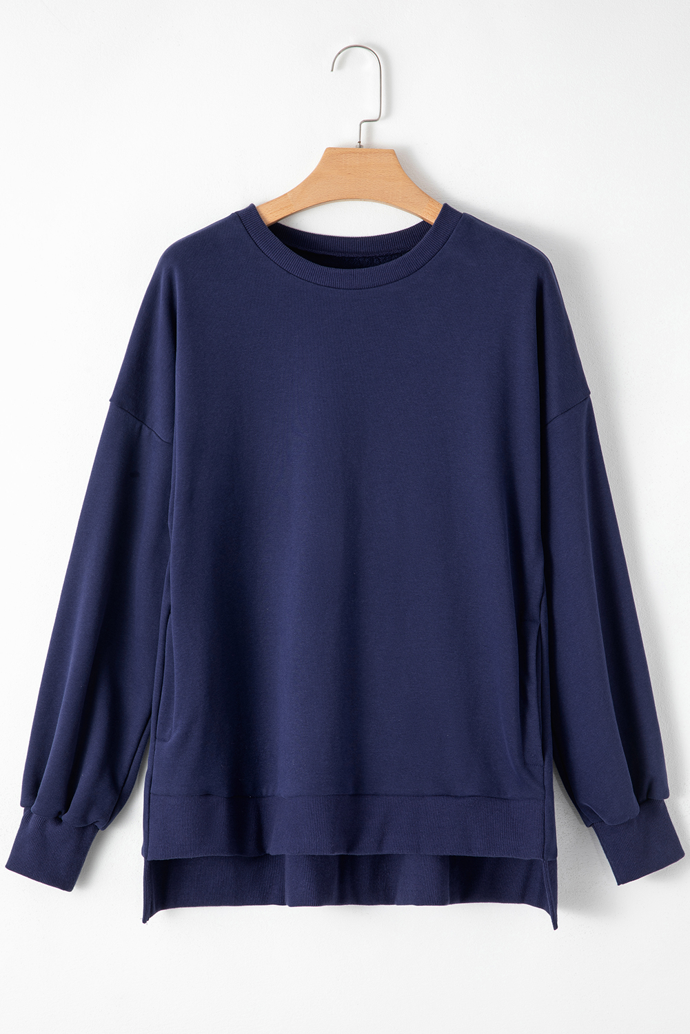 Navy Blue Solid O Neck High Low Hem Pullover Sweatshirt - loveforevers