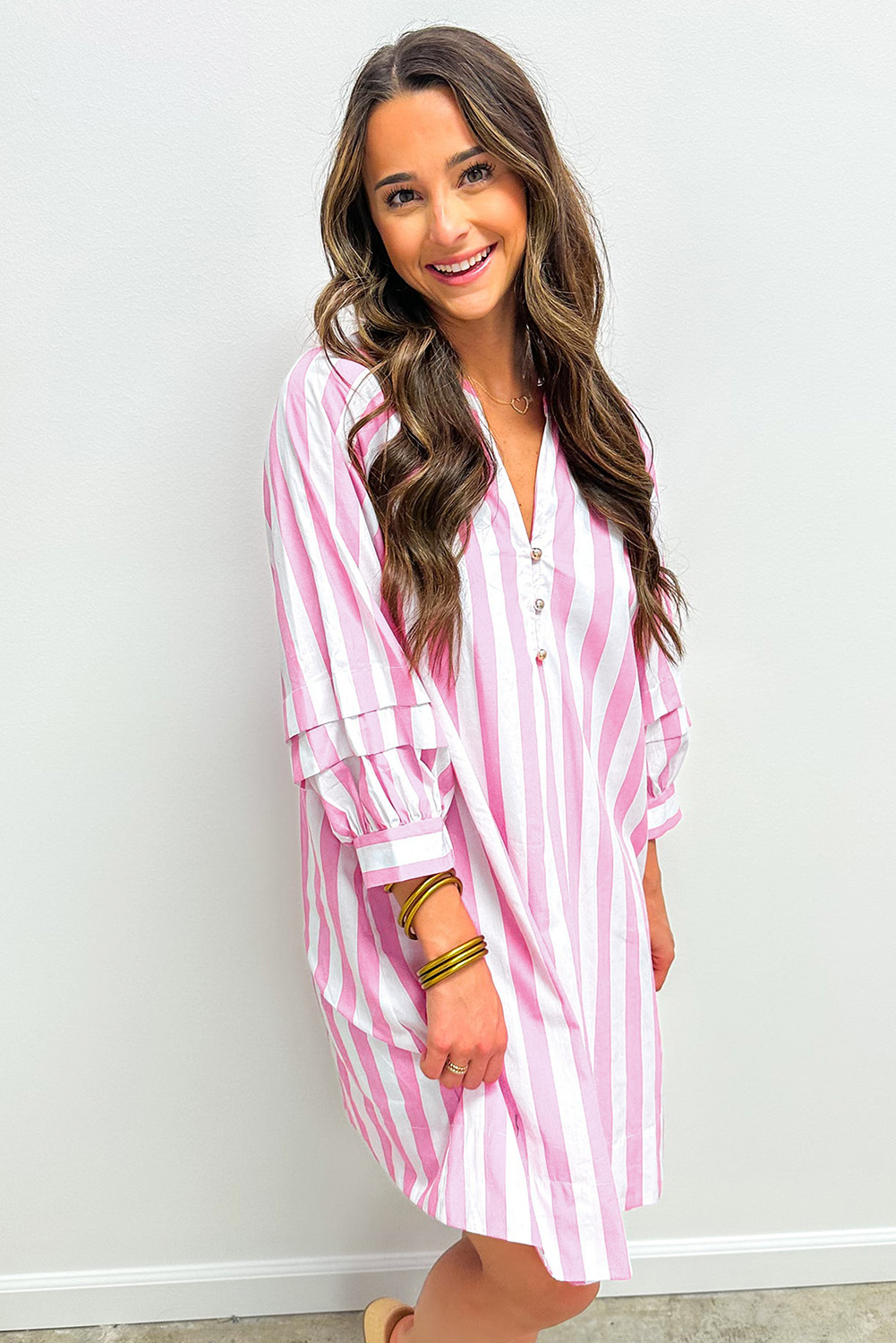 Rose Stripe Bracelet Sleeve Buttons Loose Mini Dress - loveforevers