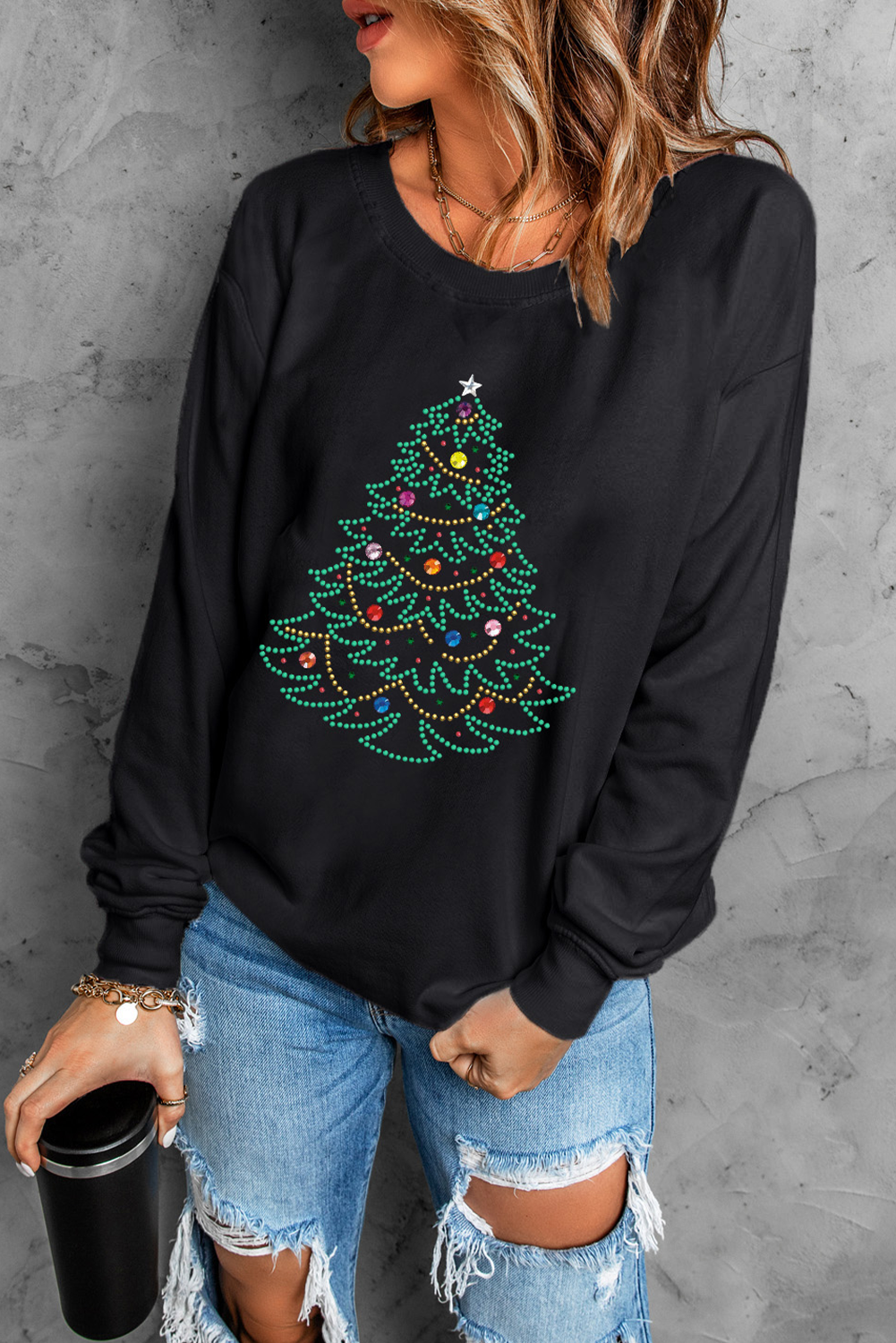Black Rhinestone Christmas Tree Graphic Pullover Sweatshirt - loveforevers