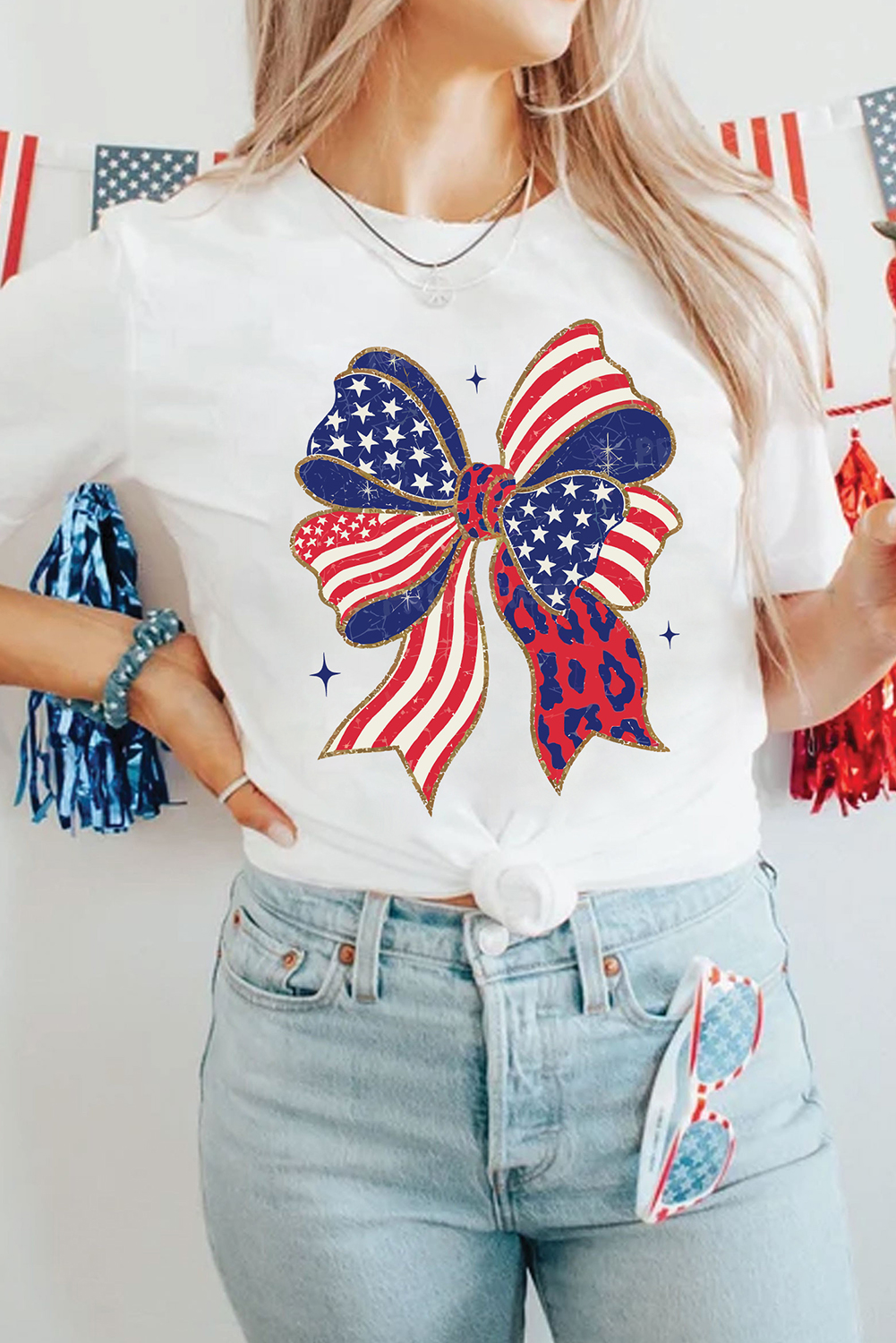 White Stars and Stripes Bow Print 4th of July T Shirt - loveforevers