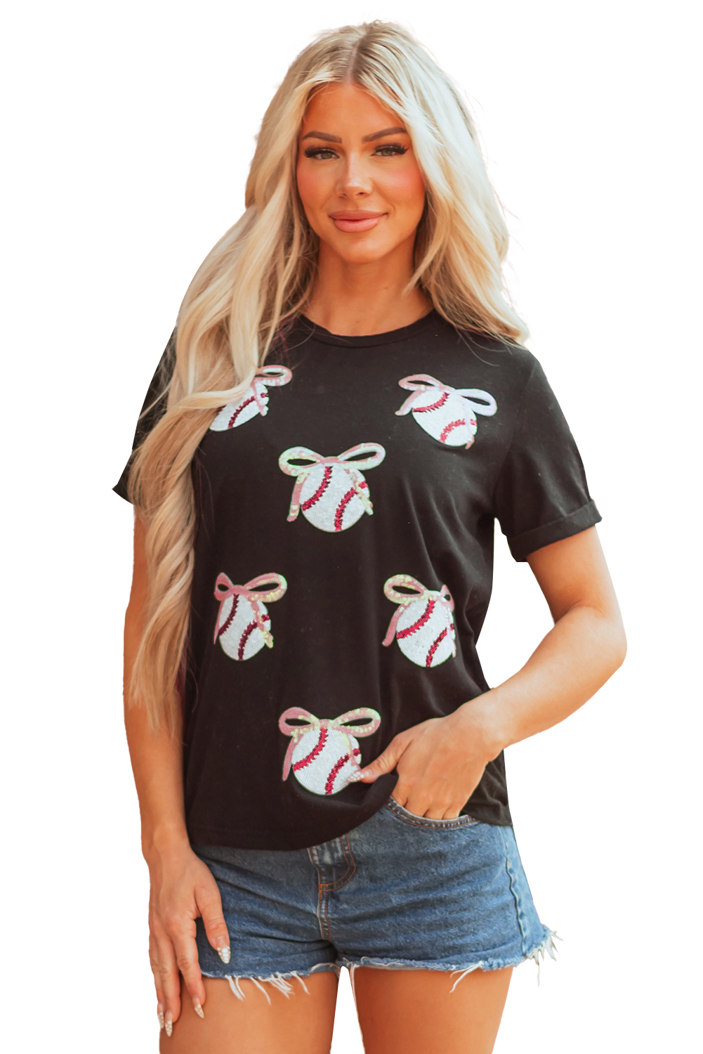 Black Shimmering Sequin Bow Ball Patterned Game Day Casual Tee - loveforevers