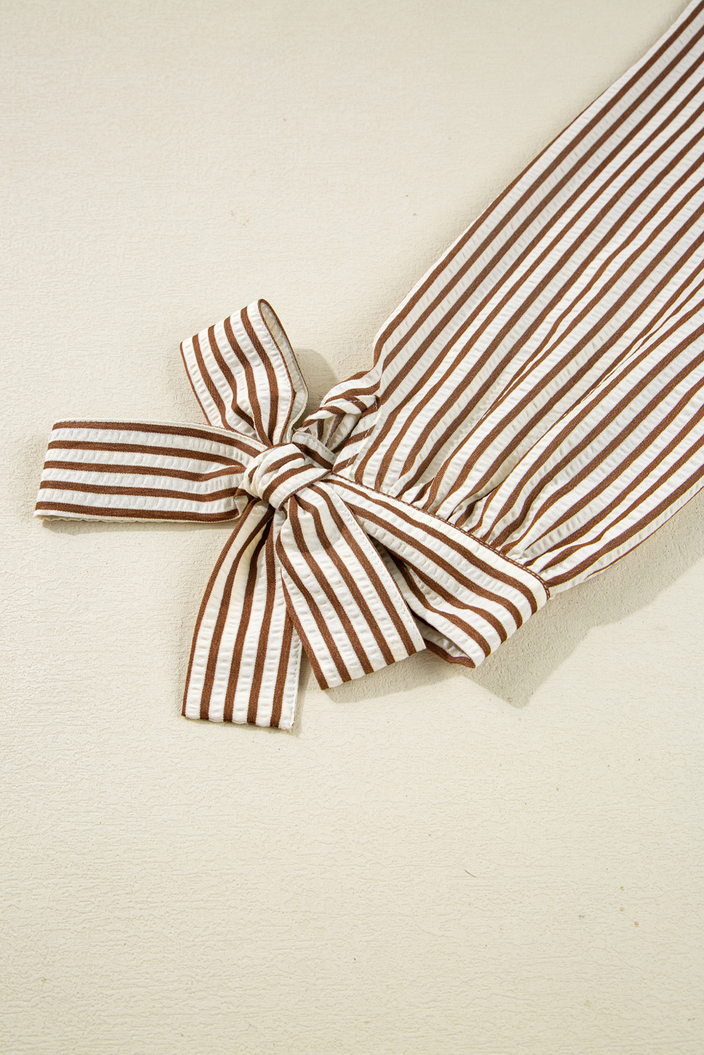 Straw Yellow Striped Print Tied Cuffs Split Neck Seersucker Blouse - loveforevers