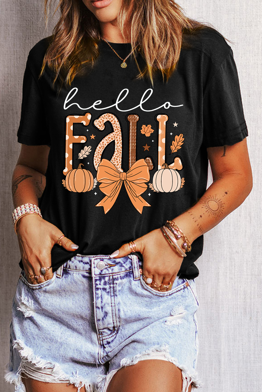 Black Hello Fall Thanksgiving Bow Pumpkin Graphic Tee - loveforevers