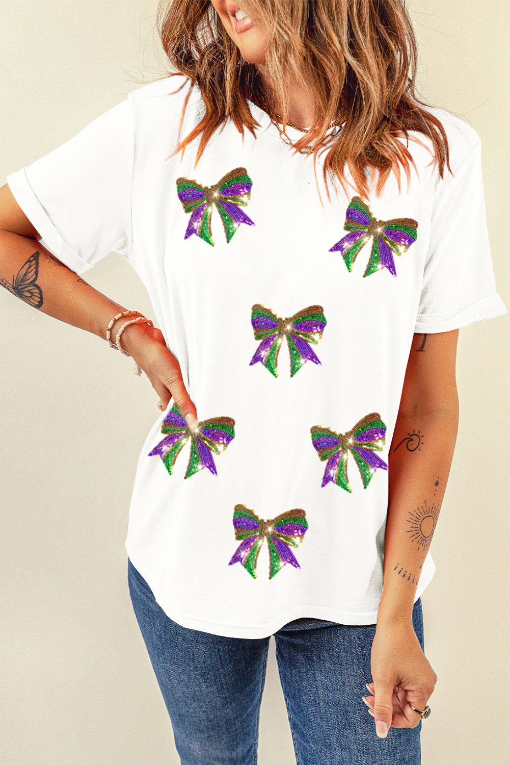 White Sequin Mardi Gras Bow Graphic Crewneck Tee - loveforevers